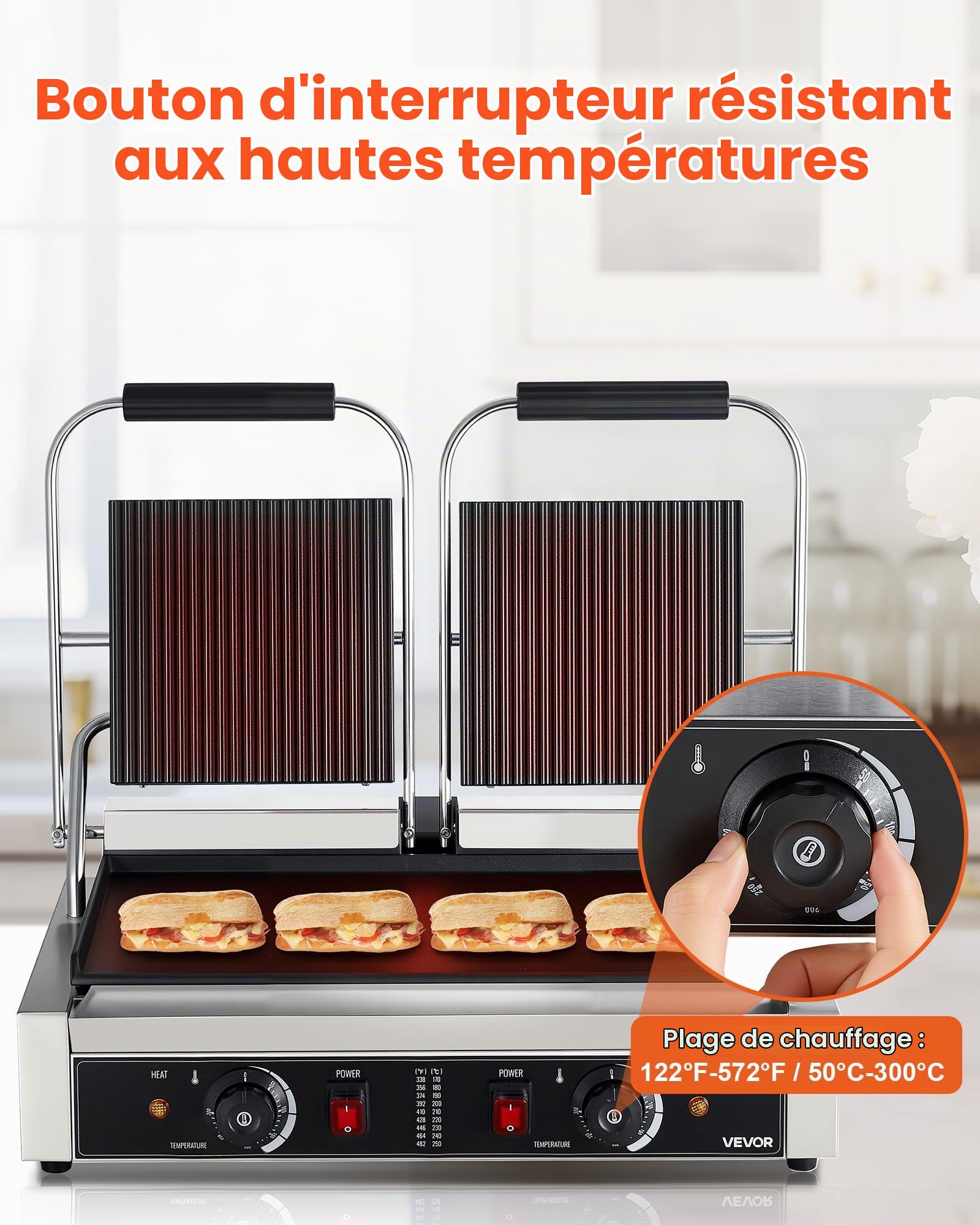 VEVOR Gril Panini Électrique de 3600 W, Double Presse à Panini avec Plaque de Cuisson Émaillée de 48,5x23 cm, Appareil à Sandwich en Inox, Contrôle de la Température, pour Hamburger, Steak, Cuisine