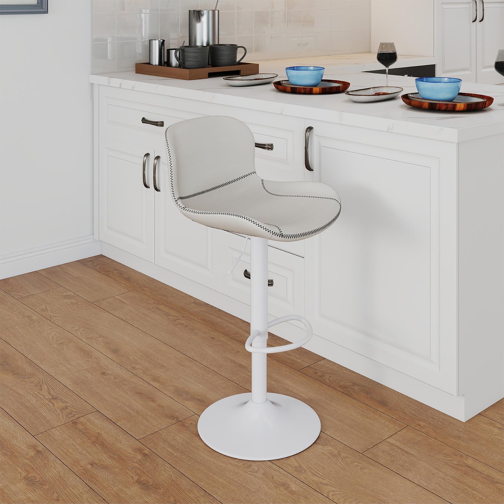 Youhauchair Tabouret Bar, Tabouret de Bar Réglable en Hauteur en Cuir PU, Chaise de Bar avec Dossier et Repose-Pieds, Chaise Haute Cuisine Pivotant, Moderne, Blanc
