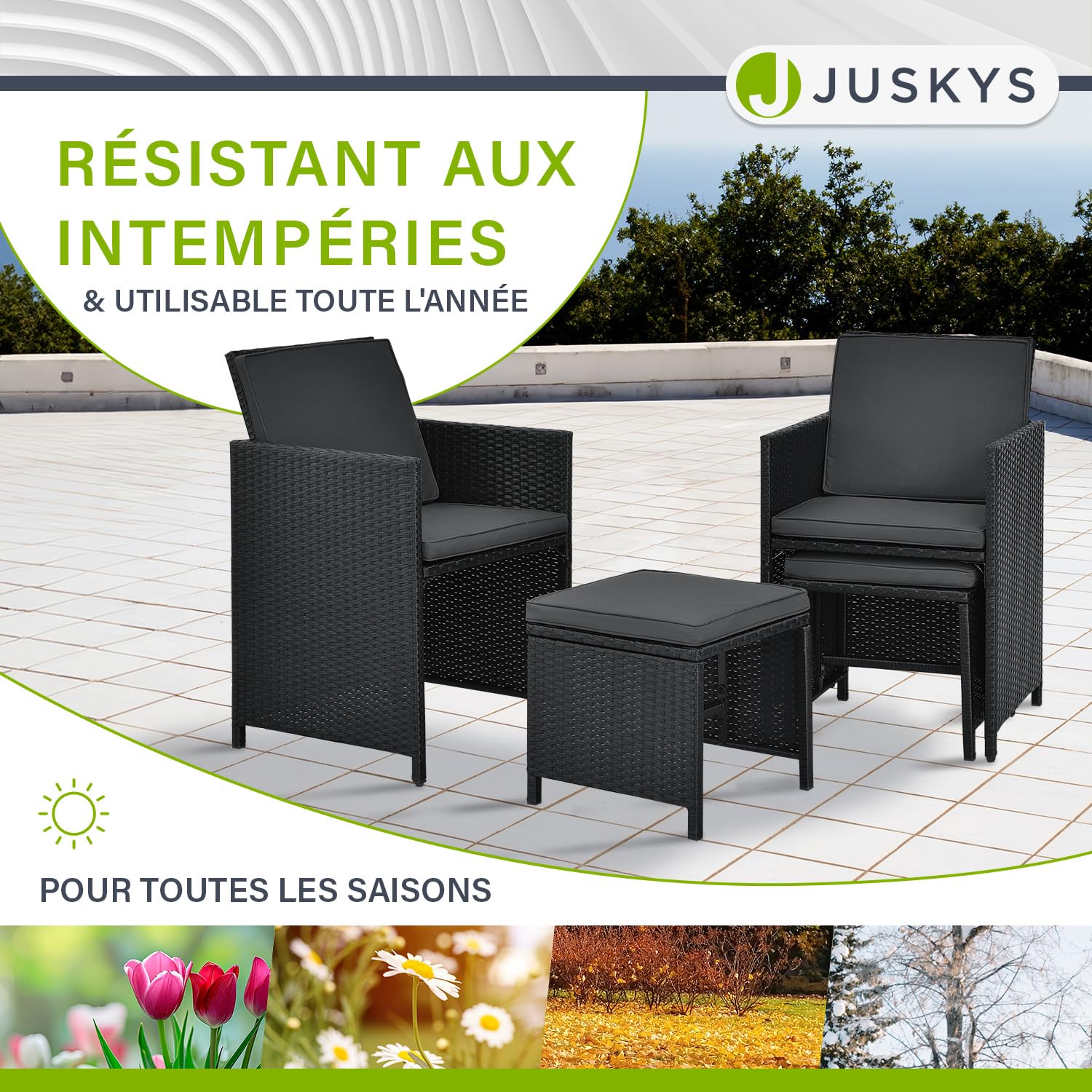 Juskys Groupe de sièges en polyrotin Baracoa XL 11 pièces résistant aux intempéries et empilable - Ensemble de mobilier de Jardin avec 6 chaises, 4 tabourets et Table - Noir, 10 Personnes