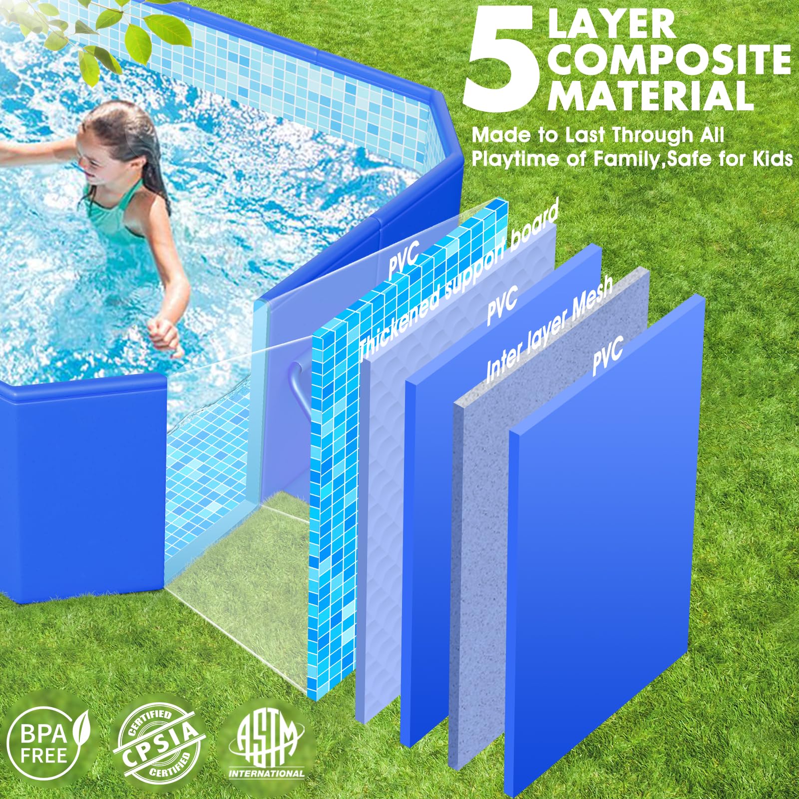 KingSom Rectangular Frame Pool,Faltbarer Schwimmbecken, Aufstellpool Rechteckig Groß,Überdimensionale Verdickung, Gartenpool,Schnelle Installation Swimmingpool Schwimmbad für Garten, 300 x 185 x 51 cm