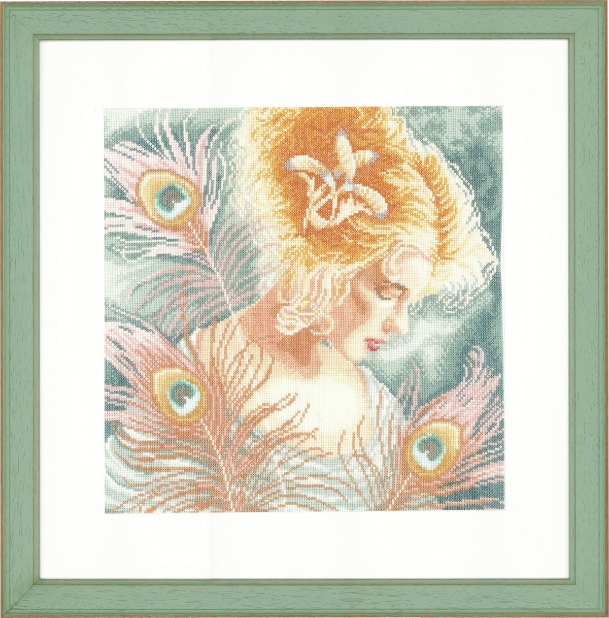 Counted Cross Stitch Kit: Young Woman Peacock Feathers (Linen)
