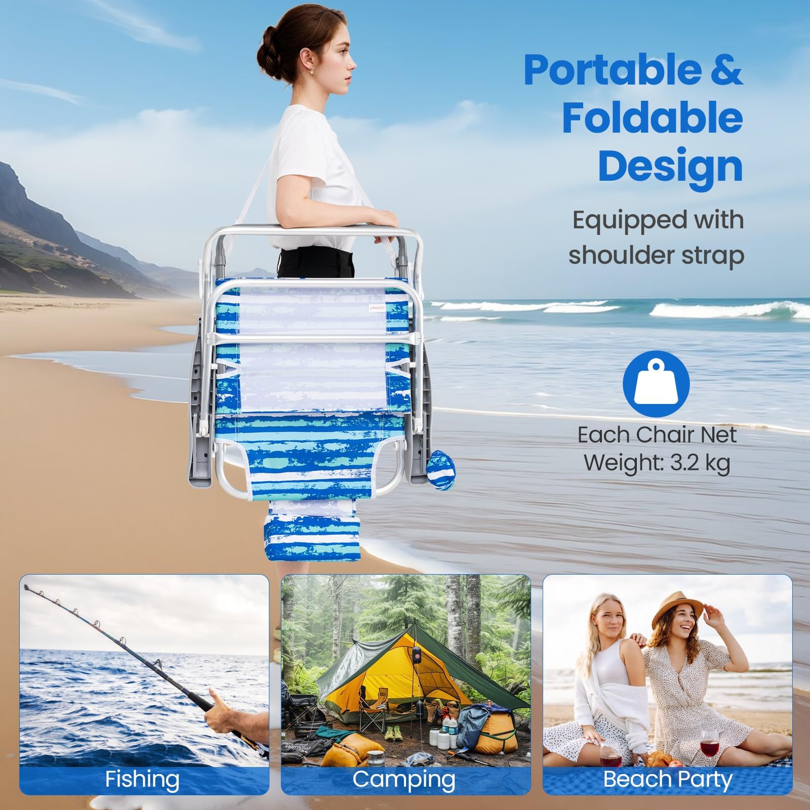 FANTASK 2 sedie da spiaggia pieghevoli, da campeggio, schienale regolabile in 5 livelli, sedie pieghevoli con schienale regolabile, poggiatesta, portabevande e portasciugamani, portata fino a 150 kg