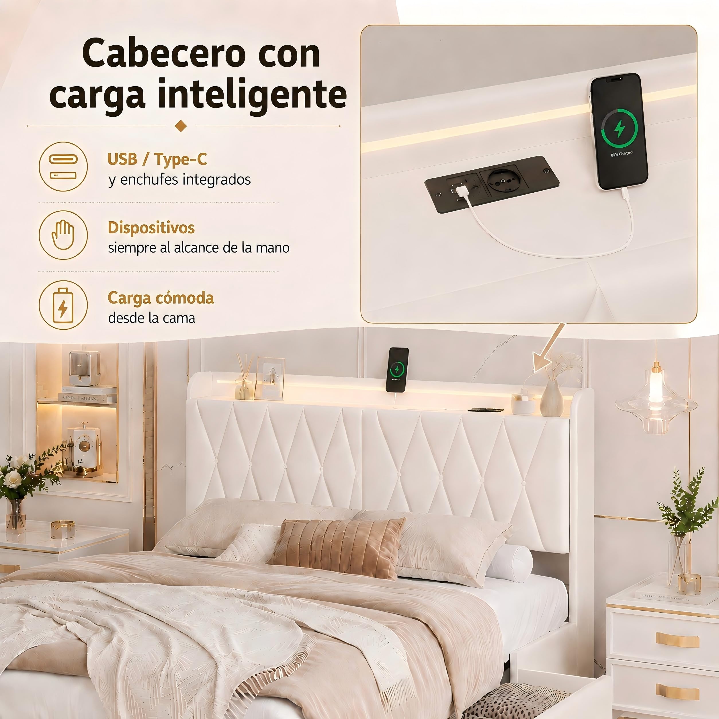 MOTUZP Cama doble tapizada de 140 x 200 cm, cama funcional con luz LED y conexión USB, cajón de cama con cajones, cama juvenil, somier (B-Bbeige+terciopelo, 140 x 200 cm)