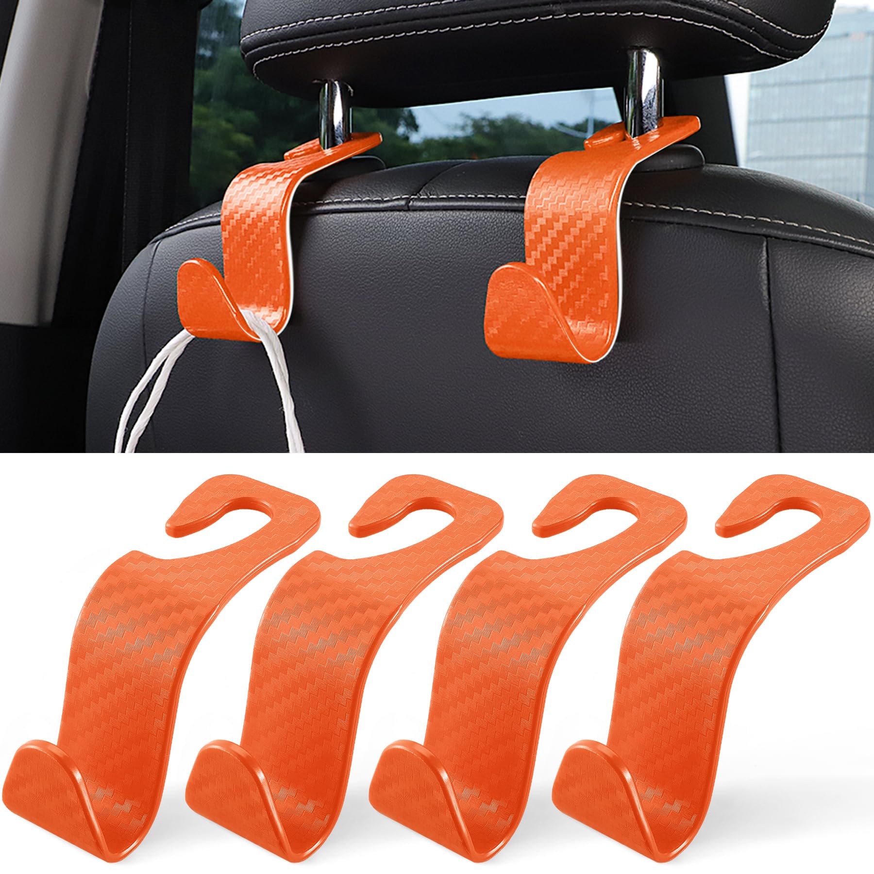 LivTee Car Purse Hook, 4 Pack Universal Auto Seat Headrest Hook Hangers Organizer for Coats, Umbrellas, Groceries - Carbon Fiber Orange