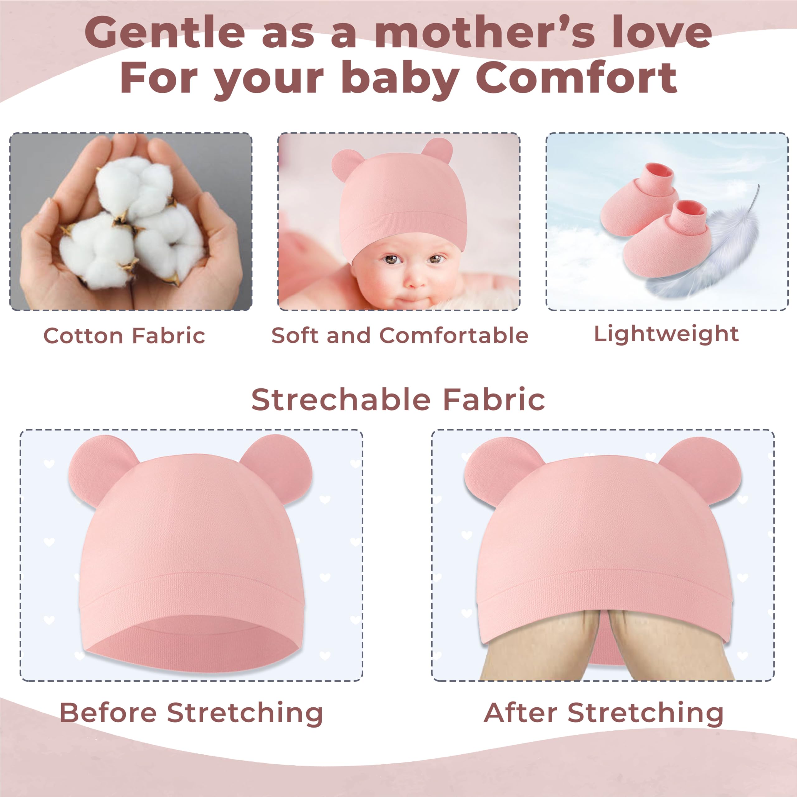 Bembika Cotton Baby Mittens – Soft, Non-Slip Baby Mittens & Socks for Winter, Warm Infant Cap for Scratching, 0-3 Months, Newborn Baby Mittens-(Pink) - Image 4 thumbnail