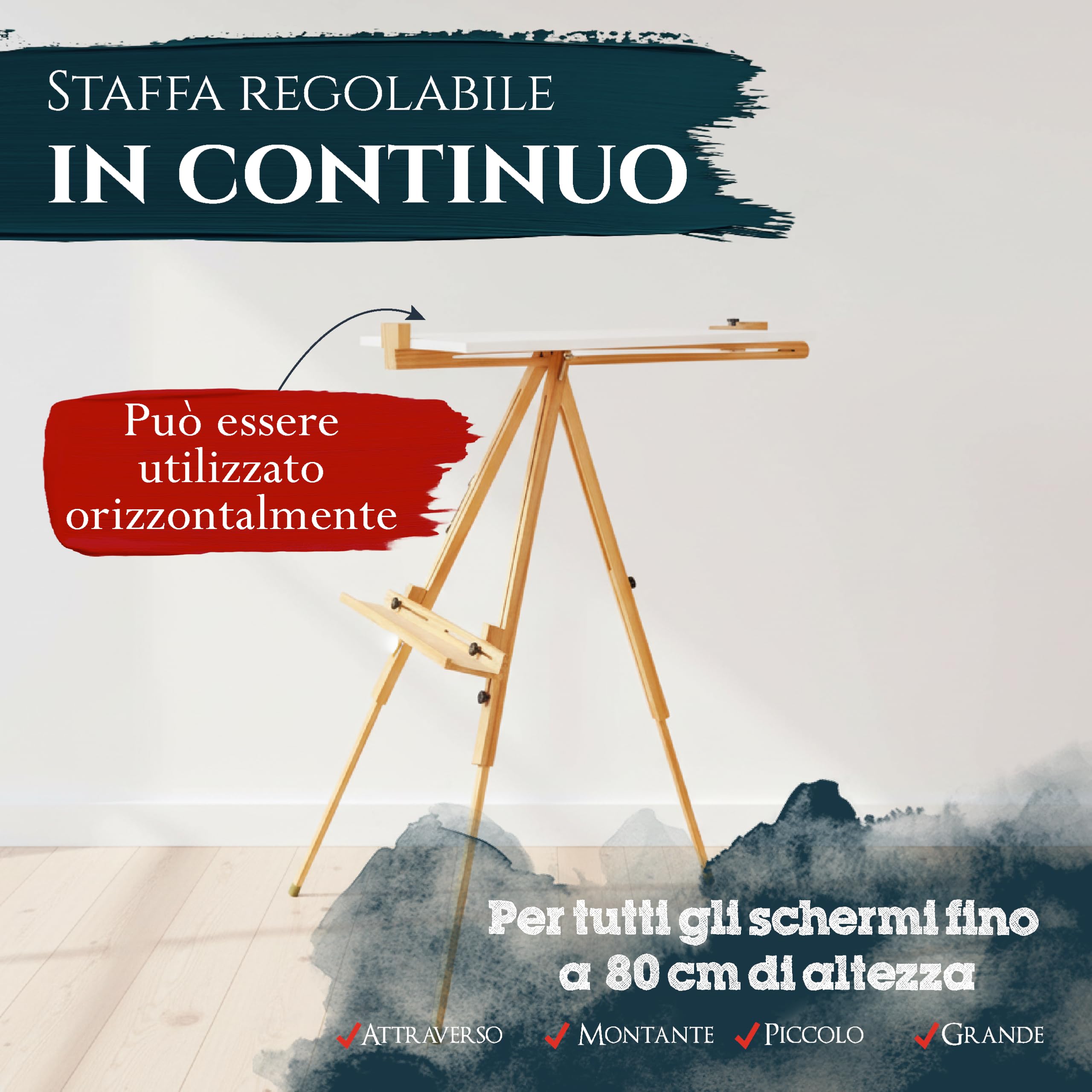 Artina cavalletto leggero in legno di faggio - cavalletto portatile regolabile nell'inclinazione - piedini in gomma antiscivolo campo cavalletto a telaio fino a 80 cm - cavalletto per pittura