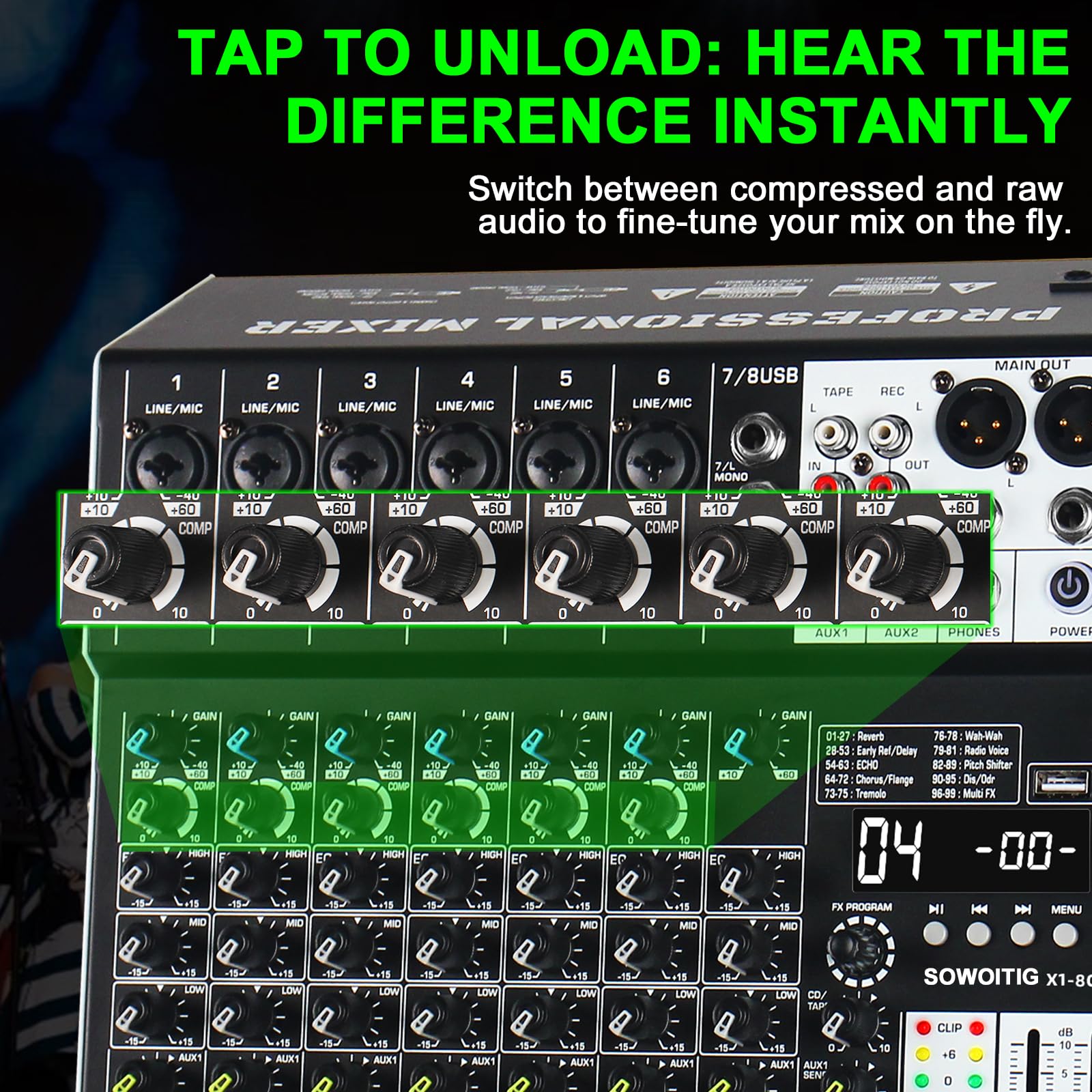 Mixer audio a 8 canali Mixer Console professionale con 99 effetti DSP, scheda di mixaggio del suono Mixer digitale DJ w/USB Bluetooth MP3 per la registrazione