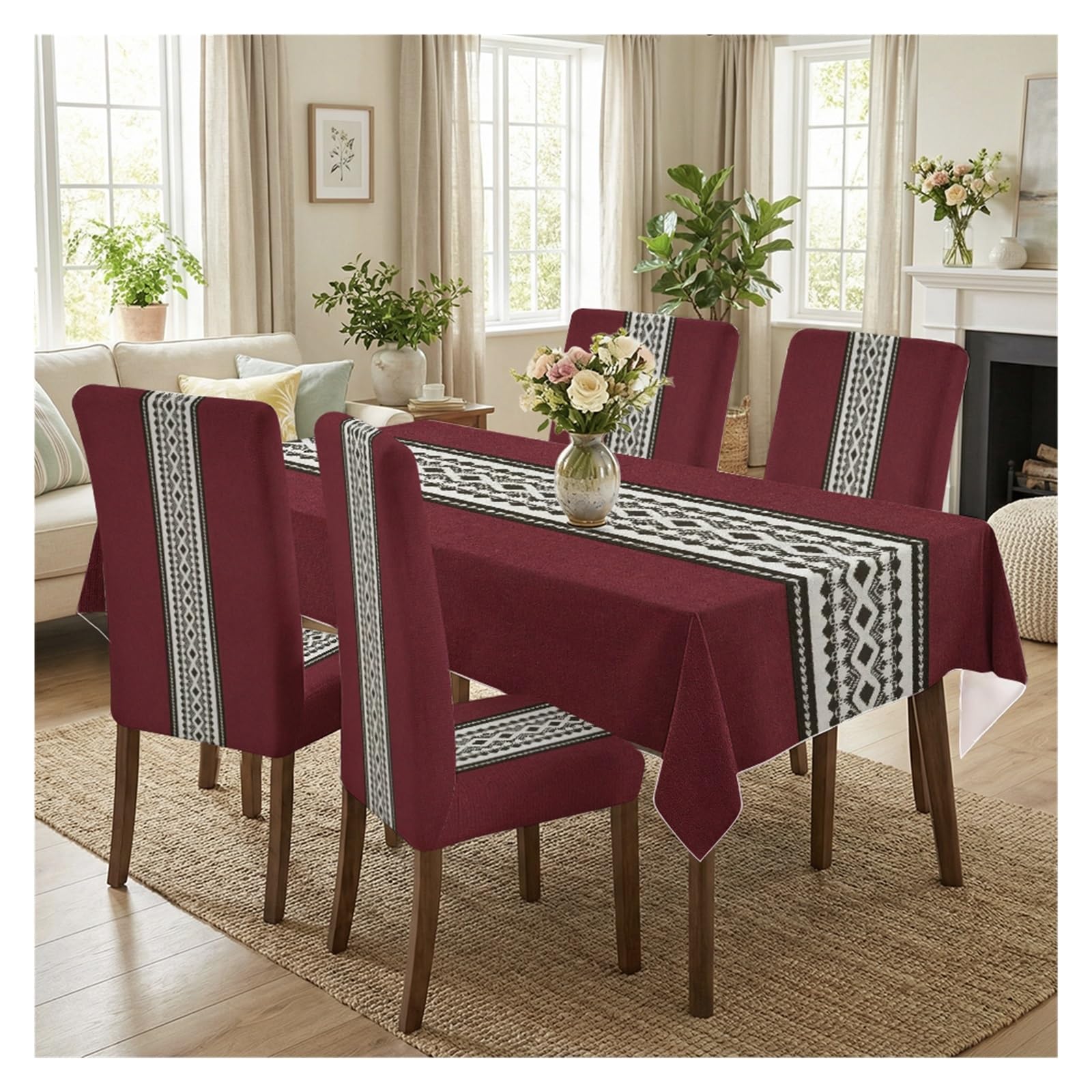 BOSUYBN Red Tribal Geometric Stripe Dining Tablecloth & Chair Covers Set, 5/7 Piece Modern Ethnic Home Decor Table Setting(5pcs Set: Tablecloth+Chair Covers)