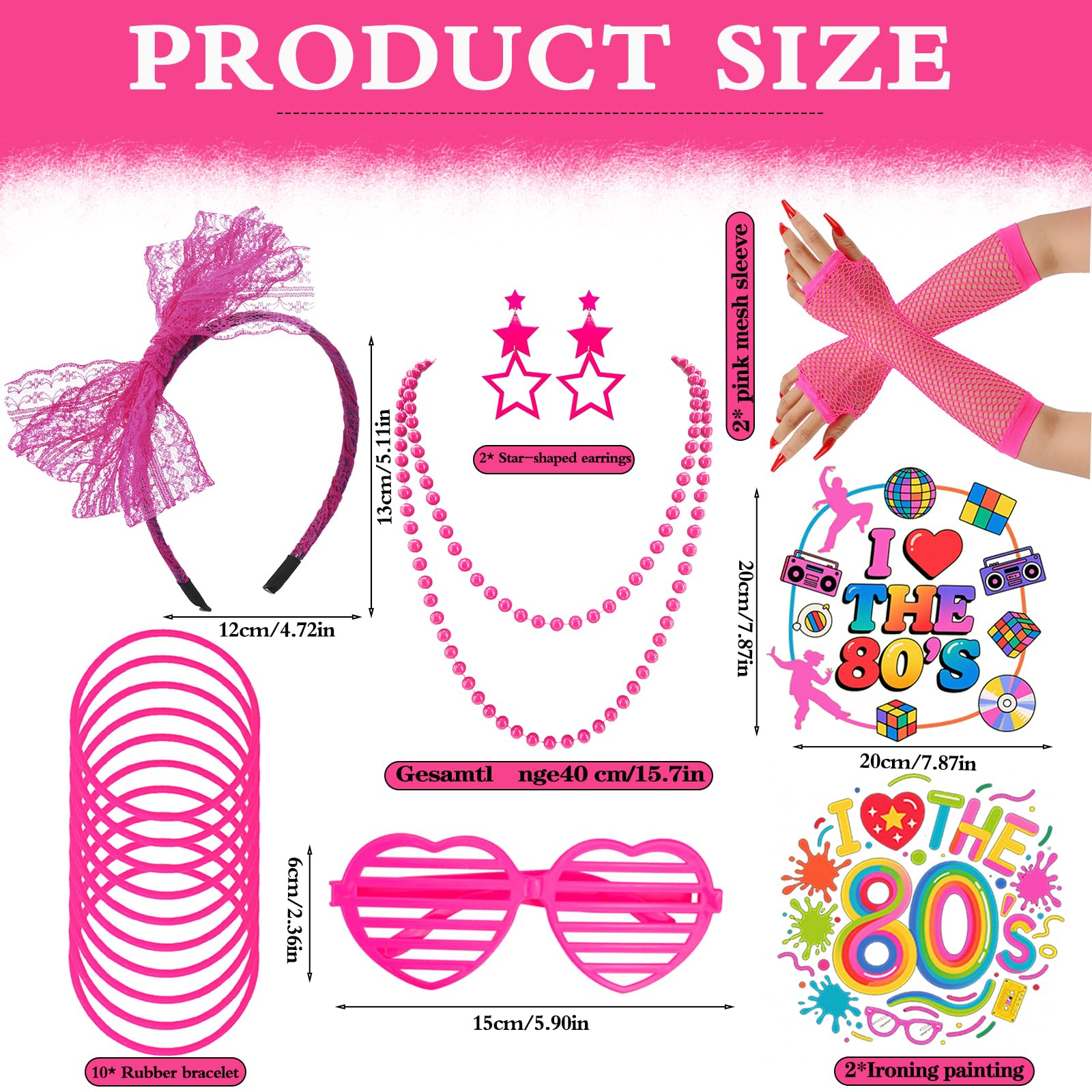 DONGZQAN 18 PCS 80s Fancy Dress for Women Fancy Dress for Adults Women 80s Accessories for Women Pink Neon Light Accessories With Earrings Bracelet From The 1980s (Pink) - Image 2