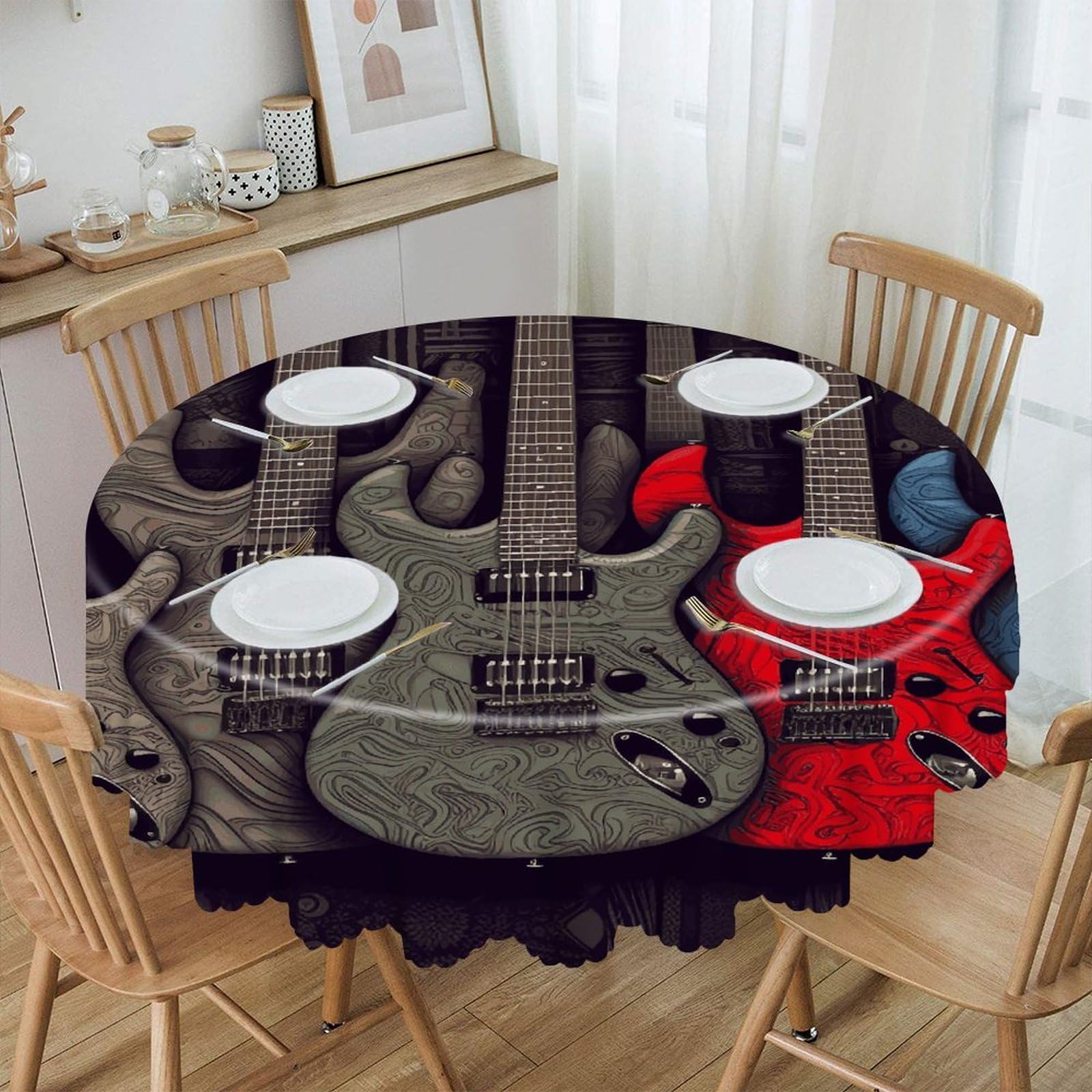 Btcowzrv Style Guitar Pattern Polyester Round Tablecloth 59.84 Inch, Decorative Washable Table Cover, Table Cloth For Restaurant Picnic Indoor And Outdoor Dining