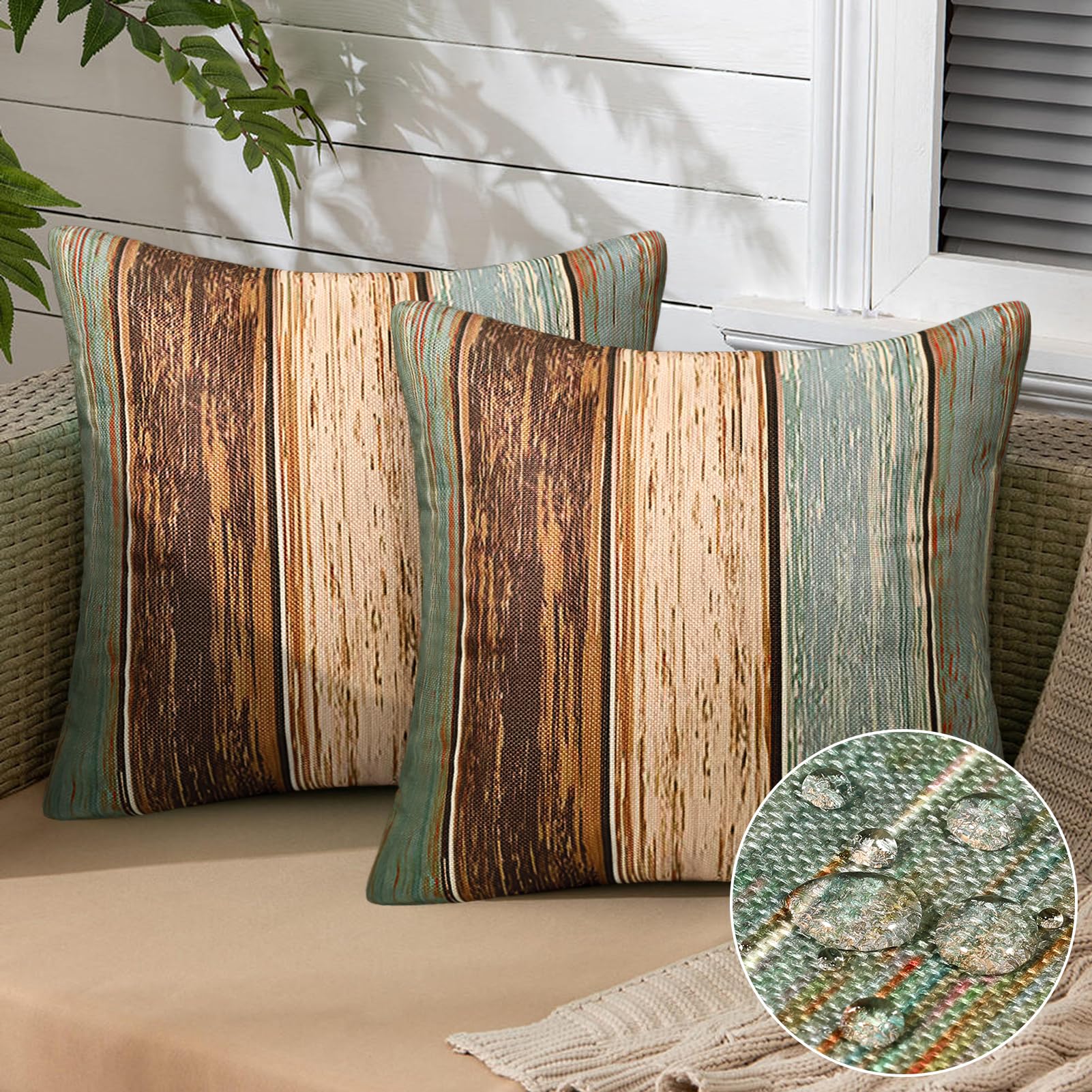 Inhobbok Green Cushion Cover 40 x 40 cm Set of 2 Outdoor Cushion Covers Turquoise Stripes Linen Look Sofa Cushion Decorative Couch Cushion Cover Waterproof for Sofa Balcony Patio Garden