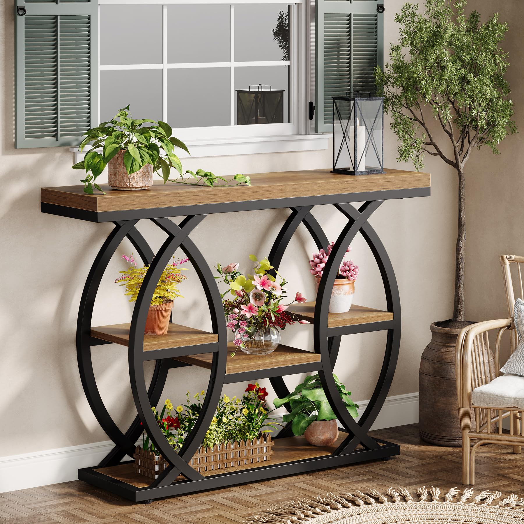 Tribesigns Tavolo consolle da 100 cm, tavolo industriale a 4 livelli con ripiani portaoggetti, tavoli decorativi in legno stretti con telaio in metallo per piccoli spazi, corridoio