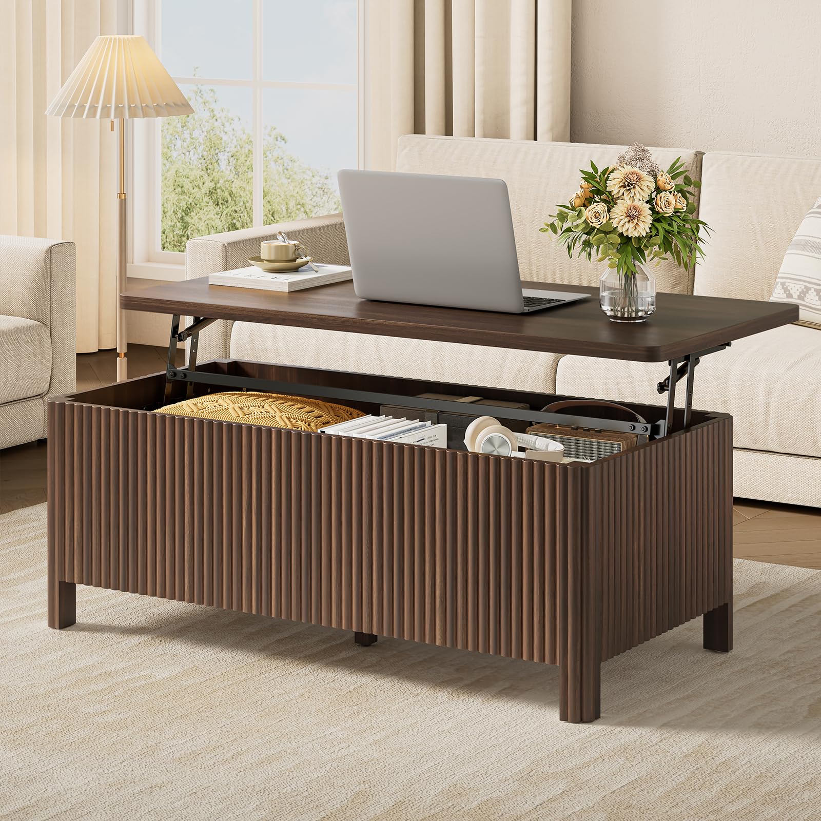 ONBRILL Fluted Lift Top Coffee Table with Storage Mid Century Modern Coffee Table with Hidden Compartment Rising Top