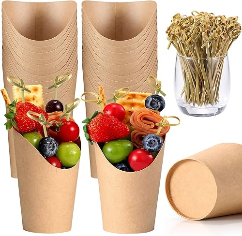 Juego de tazas de charcutería de 12 onzas, 24 tazas con 100 púas de coctail, soporte para papas fritas y brochetas de nudo de bambú, kit de
