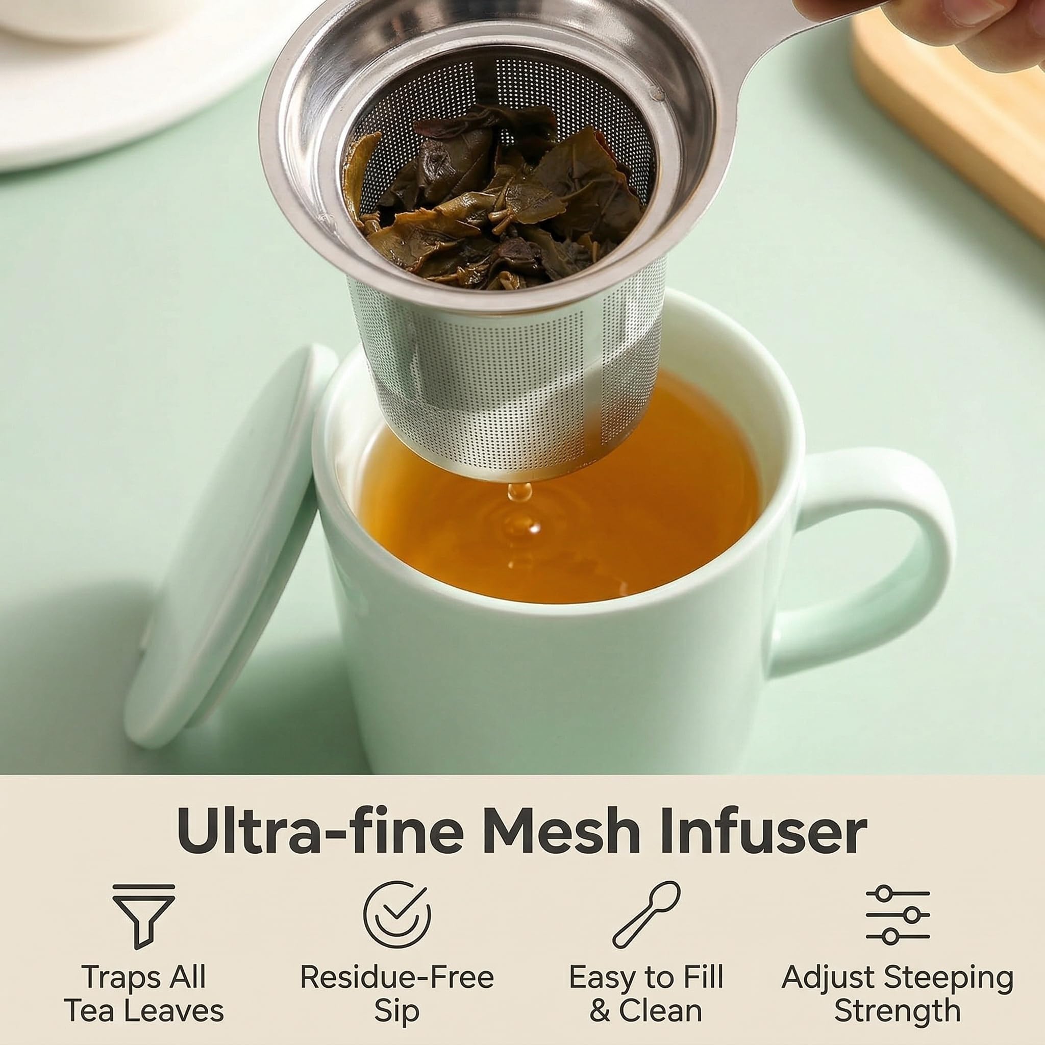 Taza de té de porcelana de 15 onzas con infusor, tapa y cuchara, taza de té de hojas sueltas, color verde menta