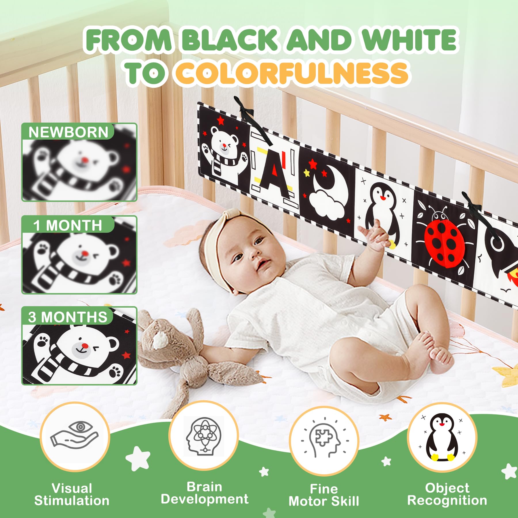 Juguetes para bebés de alto contraste para recién nacidos, tiempo boca abajo, juguetes para bebés en blanco y negro para 0-3-6-12 meses, libro sensorial de estimulación visual Montessori suave 3