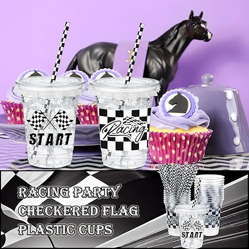 Miniatura 6 de FoldTier 50 vasos de plástico para fiesta de carreras a cuadros, 12 onzas, bandera a cuadros gruesa y transparente, a cuadros en blanco y negro,