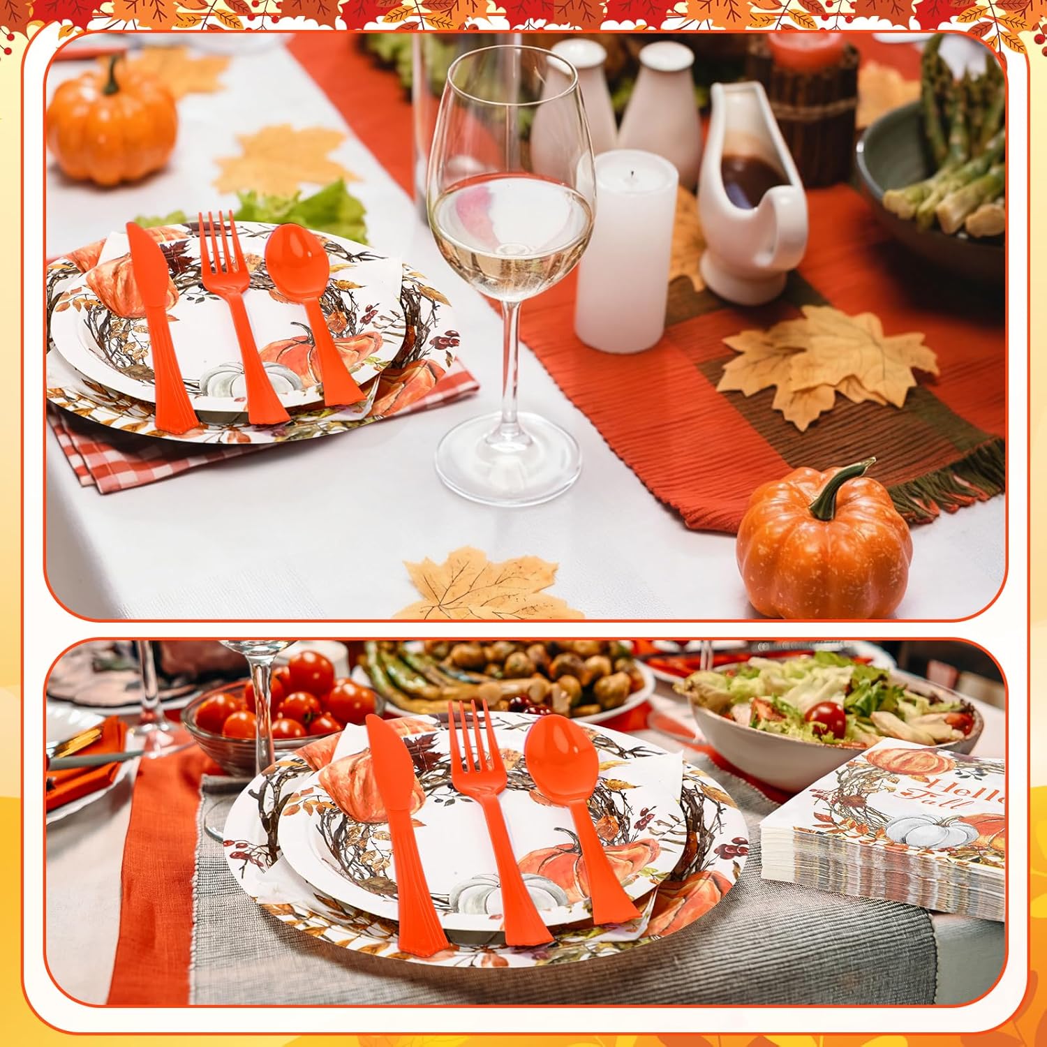 Sliner 350 Pcs Fall Thanksgiving Paper Plates and Napkins Pumpkin Autumn Maple Leaves Disposable Tableware with Paper Plates Napkins Knifes Forks Spoons for Thanksgiving Harvest Party, Serves 50