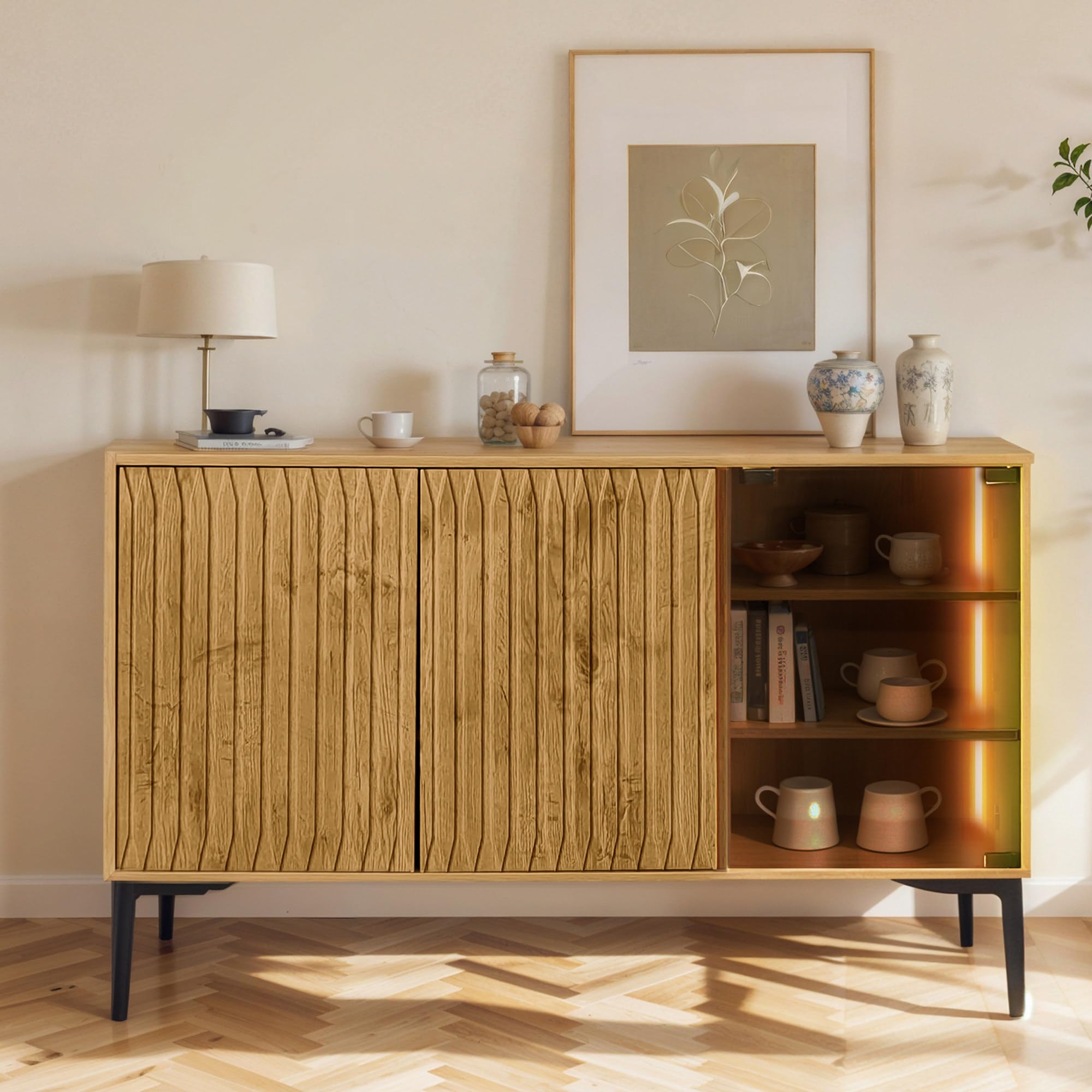 Aparador con Tira de Luz LED, Elegante Vitrina Retro con Puertas de Vidrio Transparente Curry, Aparador Estilo Campestre, Mueble de Cocina Comedor, 120 x 35 x 57 cm, Mueble de Salón