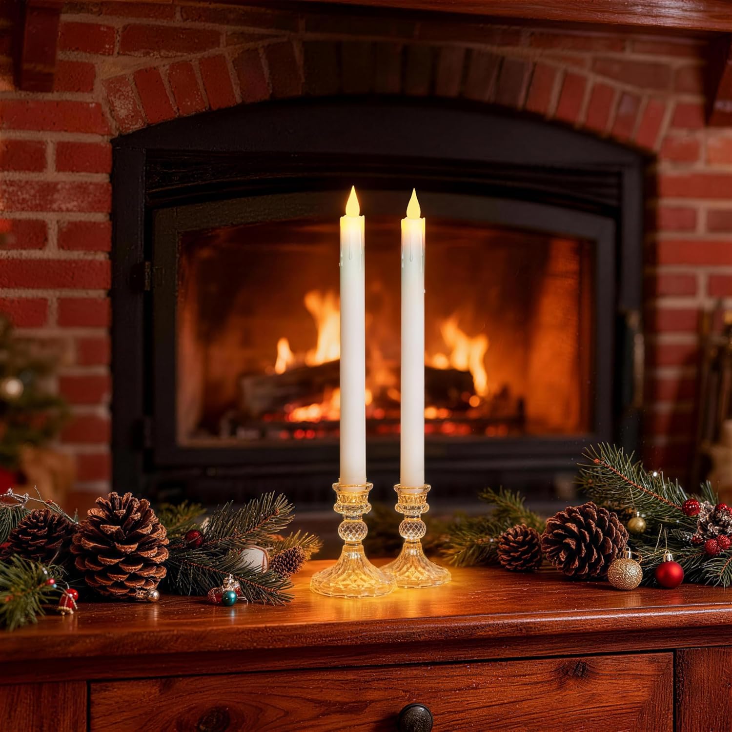 Flameless LED Taper Candles Wish Illuminated Holder-Glass Candle Holder, Remote Timer 2AA Battery Operated 500+ Hours for Thanksgiving/Xmas Decor, Wedding Centerpiece (White, 6 Pack)