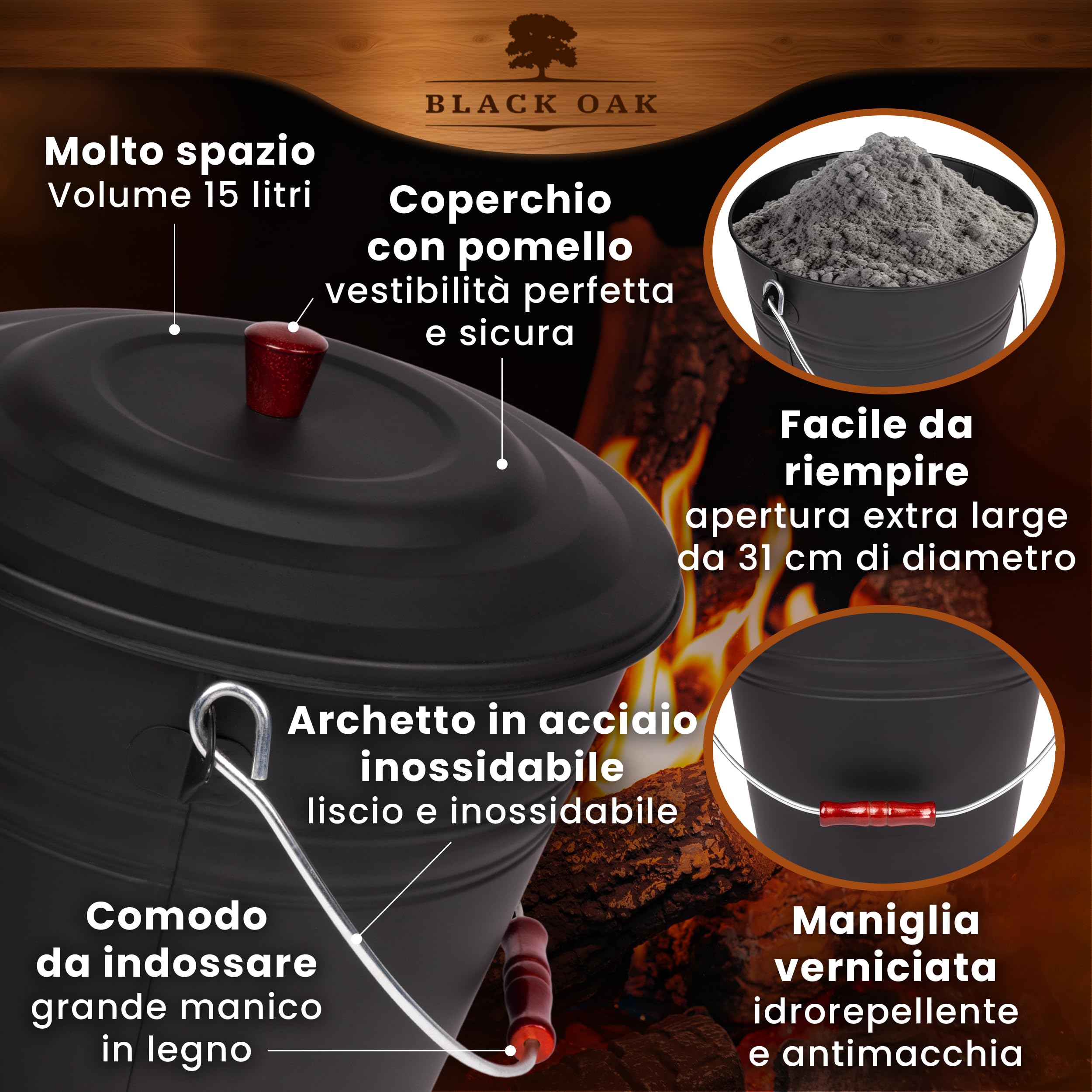 BLACK OAK KATLA - Pattumiera da 15 l, con coperchio in legno, grande, 15 litri, in acciaio zincato a prova di fuoco, verniciato a polvere, per cenere e carbone, accessorio ideale per camino, stufa a