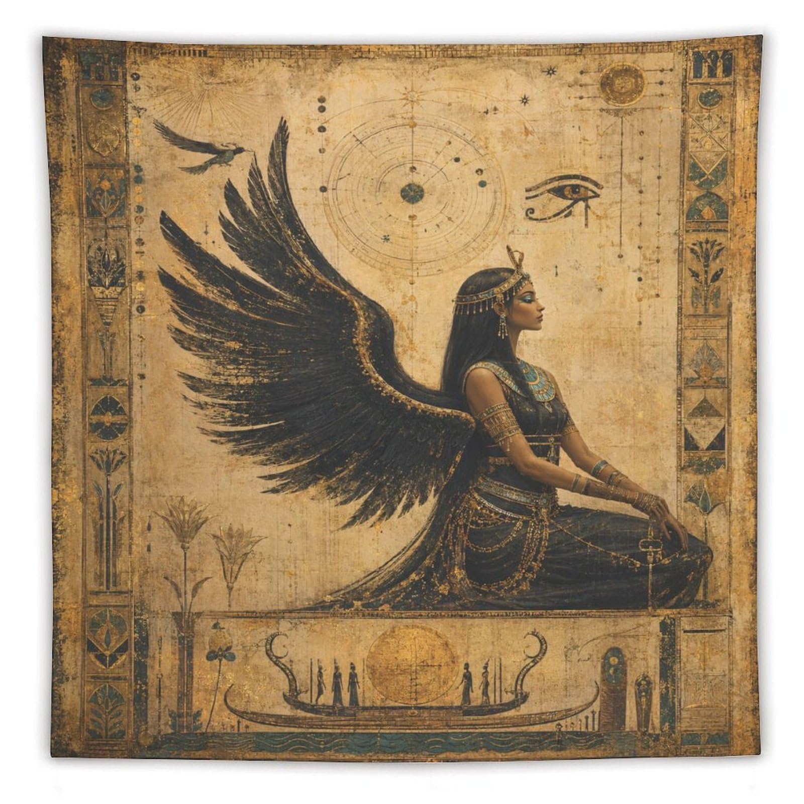 W7C8U2X3 Egyptian Winged Goddess Papyrus Wall Tapestry, Entryway