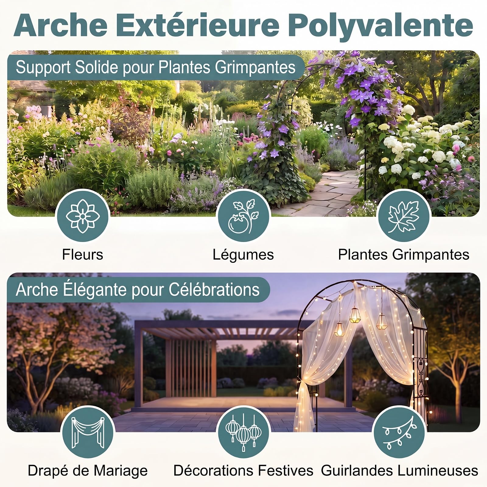 GYMAX Arche de Jardin en Métal, Treillis à Rosiers Extérieure | 117 x 57 x 231 cm, Sommet Arrond, Motifs Décoratifs, Support pour Plantes Grimpantes, Déco pour Pelouse Allée Mariage Fête