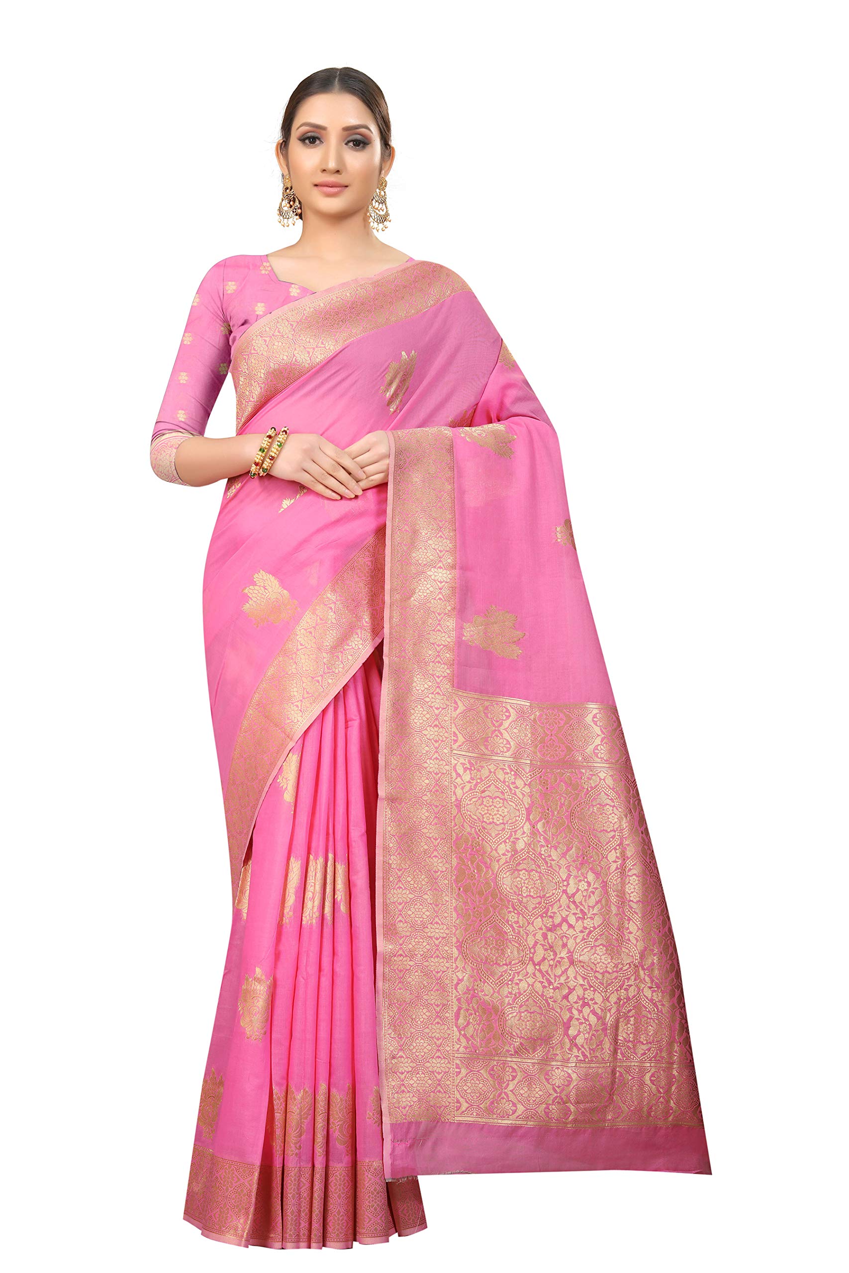 Enthone Women's Cotton Gold Zari Woven Thread Saree With Unstitched Blouse Piece