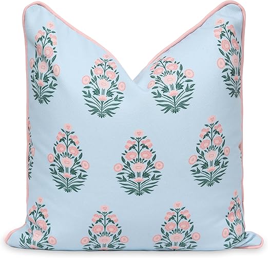 Hofdeco Premium Coastal Patio Indoor Outdoor Throw Pillow Cover Only, 18"x18" Water Repellent for Backyard, Couch, Baby Blue Blush Pink Floral with Piping