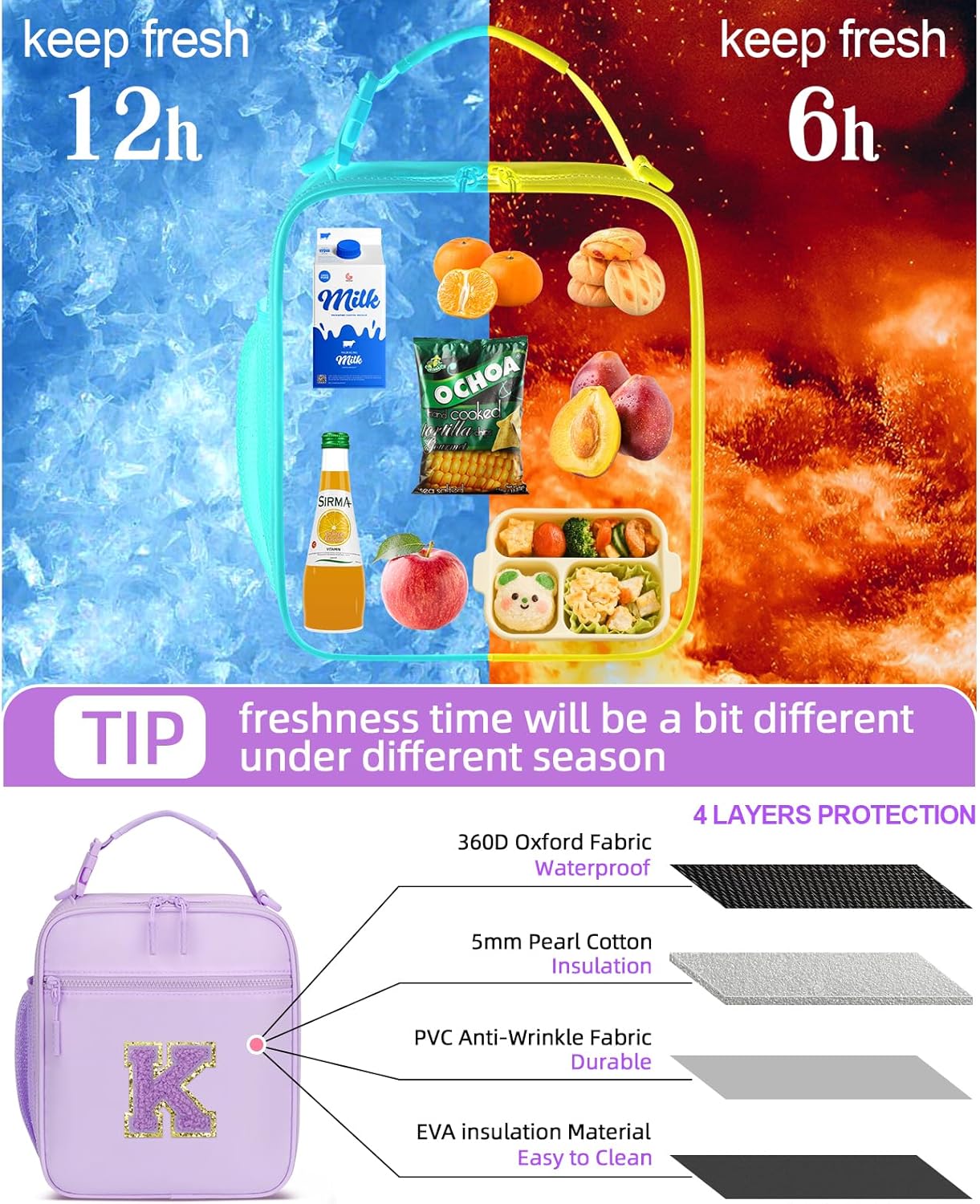 Initial Insulated Lunch Bag for Girls Kids, Back to School Gift, Reusable Leak-proof Lunch Box with Adjustable Strap for School Daycare Travel Picnic (Purple,K) - Image 6