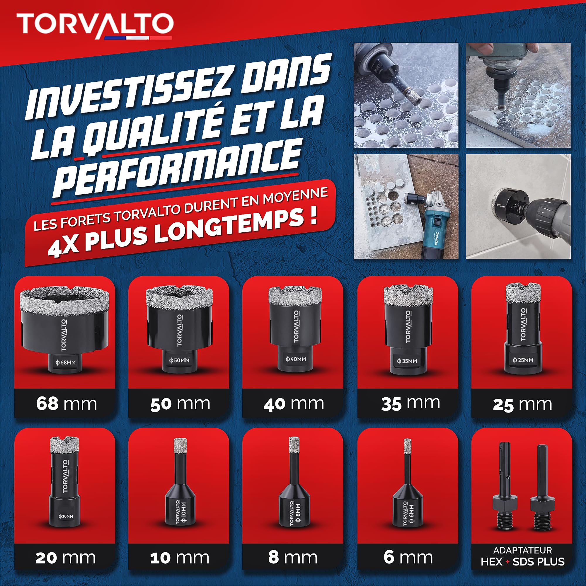 Kit forets diamant Professionnel TORVALTO 6/8/10/20/25/35/40/50/68 + 2 adaptateurs HEX/SDS inclus pour perceuse. Idéale pour Carrelage Porcelaine Marbre Granit. Scie cloche carrelage Robuste