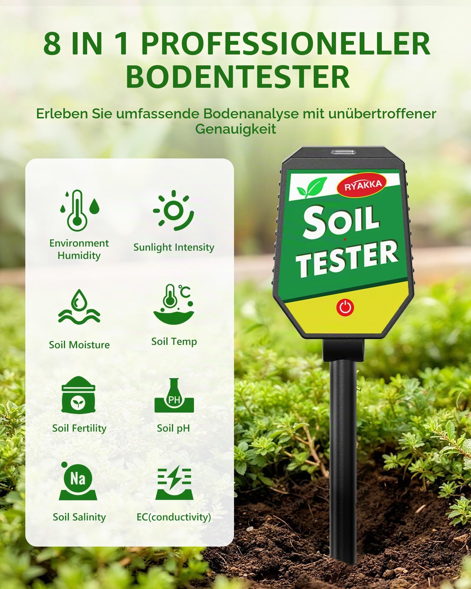 8-in-1 Bodenmessgerät mit APP-Überwachung, Messgerät Erde mit pH/EC/Temperatur/Feuchtigkeit/Fruchtbarkeit/Salzgehalt/Sonnenlicht/Umgebungsfeuchtigkeit für Garten