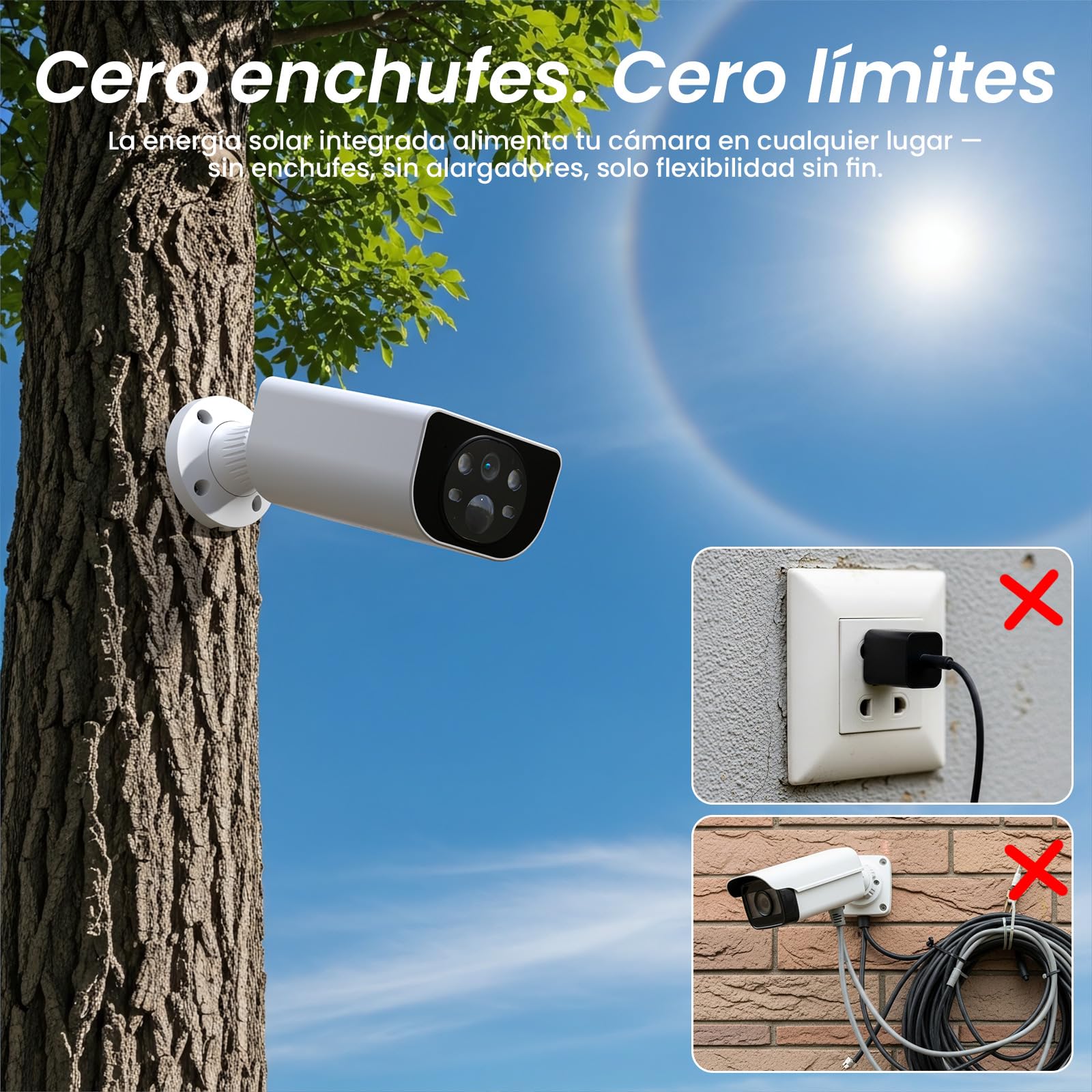 Cinnado 2K Camara Vigilancia WiFi Exterior Solar con Bateria Sin Cables | Camaras de Vigilancia Domicilio con Panel solar, Humana/PIR Sirena, Visión Nocturna Color, Audio Bidireccional, IP65