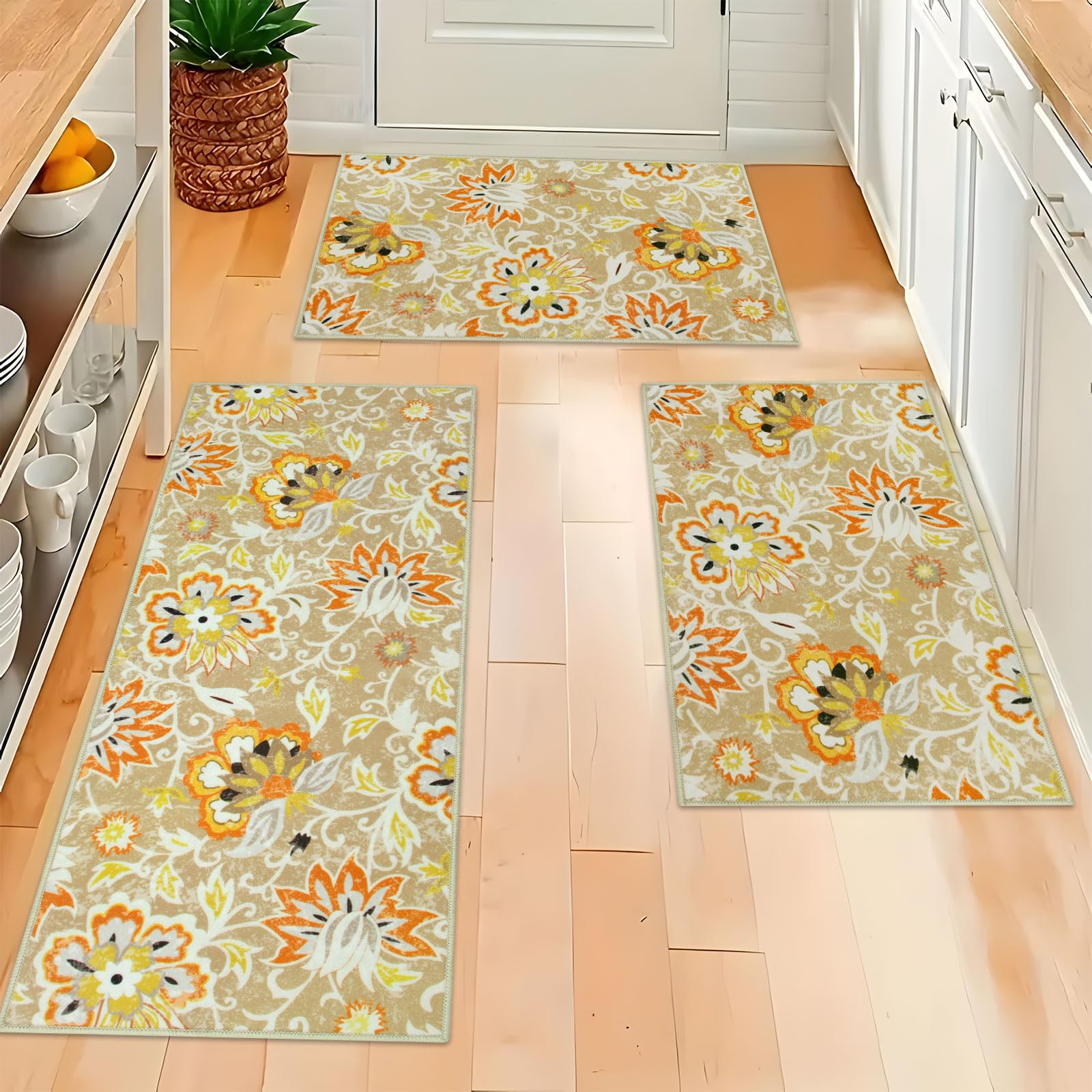 Homcomoda Kitchen Rugs Set of 3 Boho Floral Kitchen Rugs and Mats Non Skid Washable Kitchen Mats for Floor 3 Piece Set Kitchen Carpet Runner for
