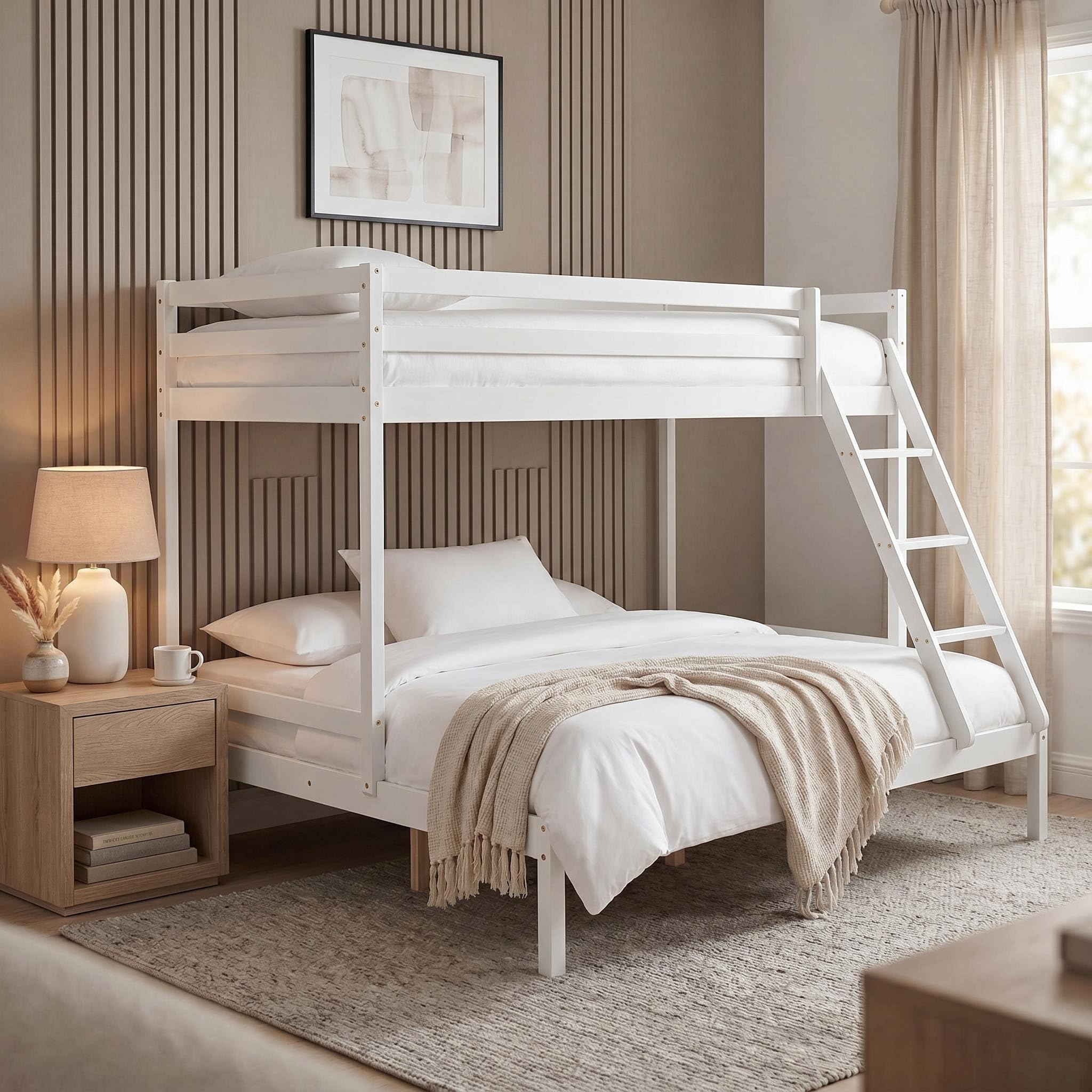 Panana Bunk Bed Frame with Guard Rail, Grey/White Wooden Triple Bed for Kids, Adults (White)