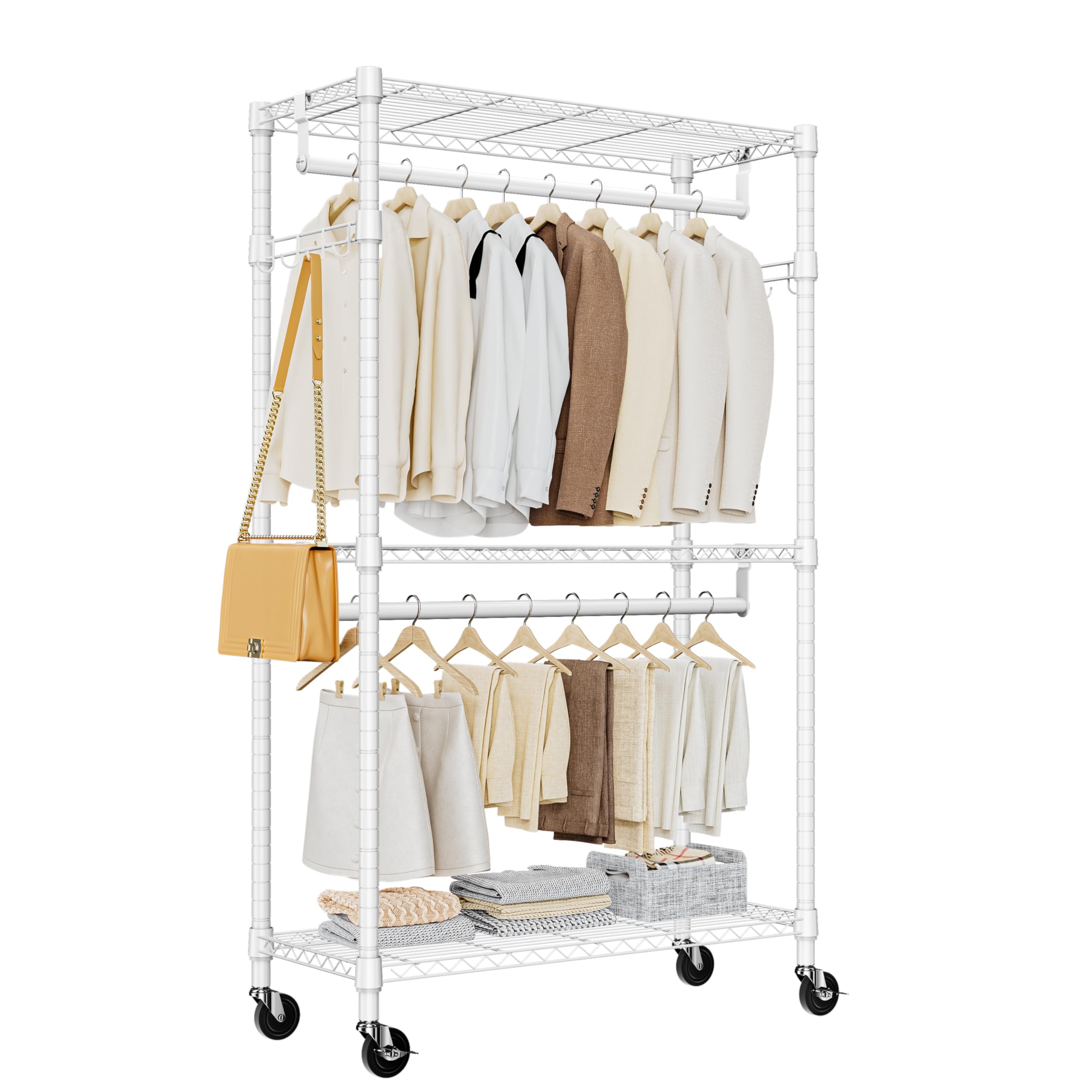 M MZG Heavy Duty Rolling Garment Rack 3 Tiers Adjustable Wire Shelving Clothes Rack with 2 Rods and Side Hooks,Storage Closet Clothing Rack with Wheels White 15.7" D x 29.5" W x 74.5" H