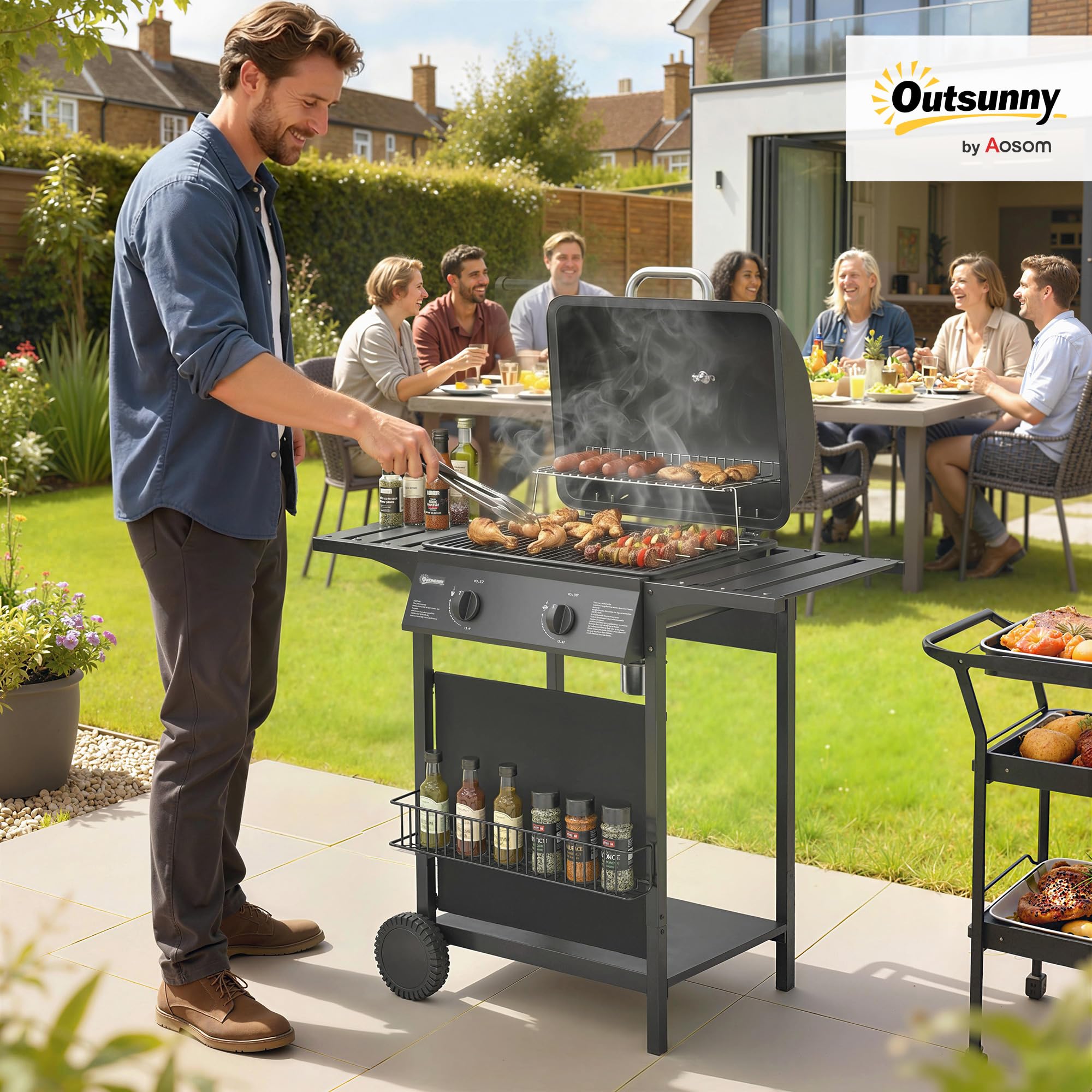 Outsunny Barbecue a Gas 2 Bruciatori 5KW BBQ Portatile Griglia Acciaio Inox con Ruote Giardino