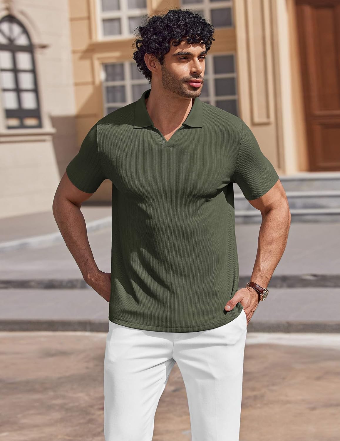 COOFANDY Men's Muscle V Neck Polo Shirts Stretch Short Sleeve Golf T-Shirts Ribbed Knit Soft Tees - Image 3