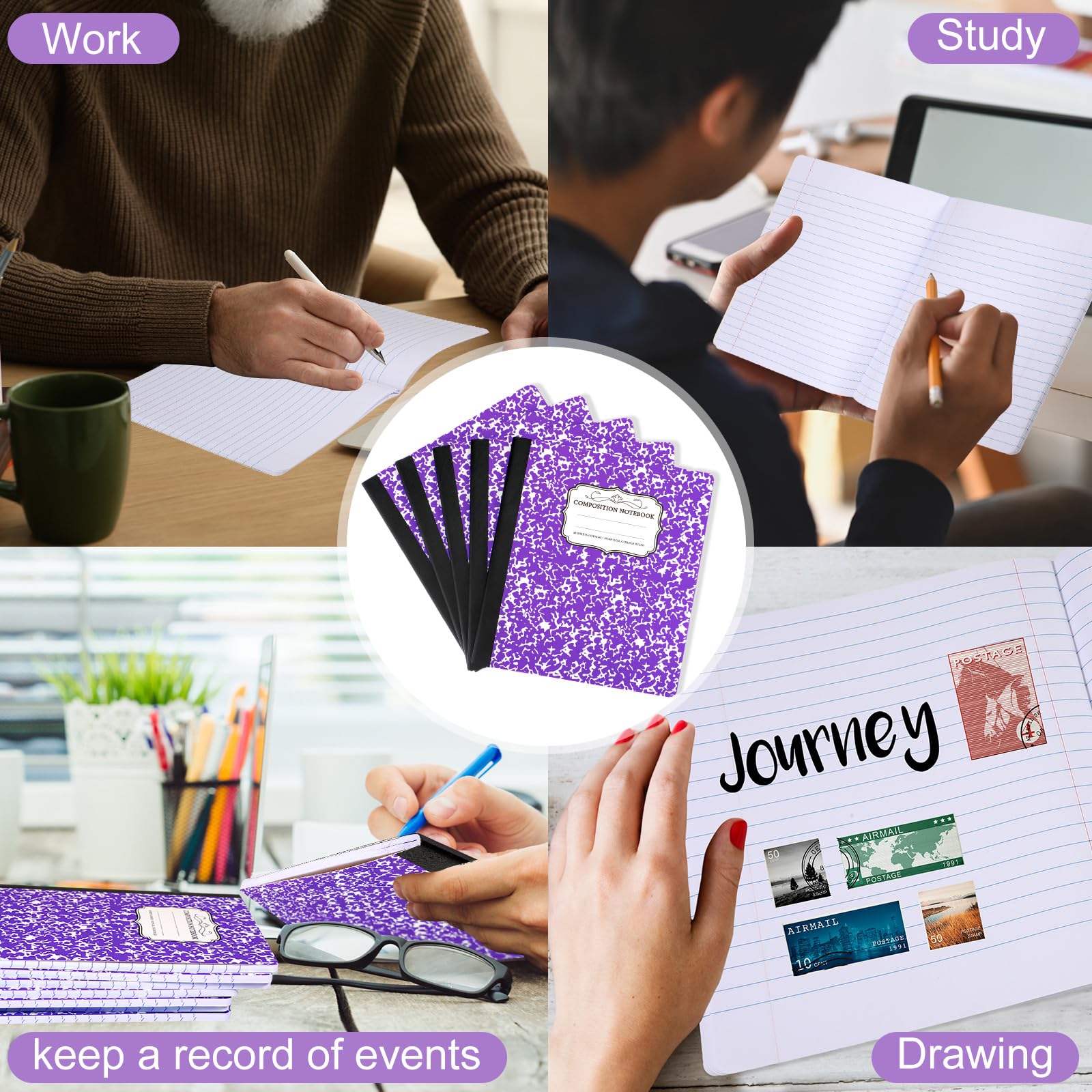 Seajan Lot de 20 cahiers de composition 19,8 x 21,6 cm, 60 feuilles, couverture robuste, carnet ligné pour fournitures scolaires et de bureau, motif blanc (violet)