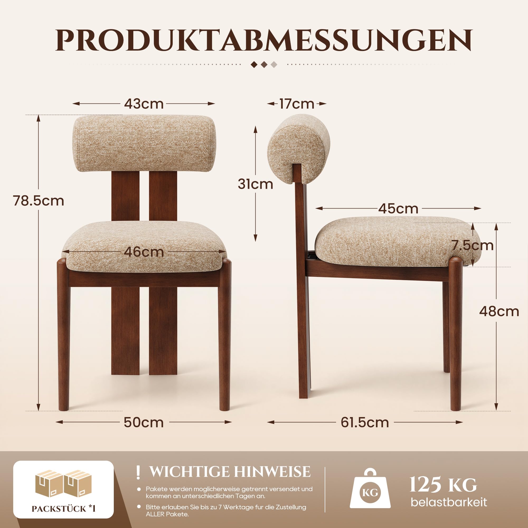 MALOL Esszimmerstühle 4er Set, Mid-Century Modern Polsterstühle aus Stoff mit Stabiler Rückenlehne & dunkelbraunen Holzbeinen, Kamel – Geeignet für Esszimmer, Küche und Gastronomie, Kamel