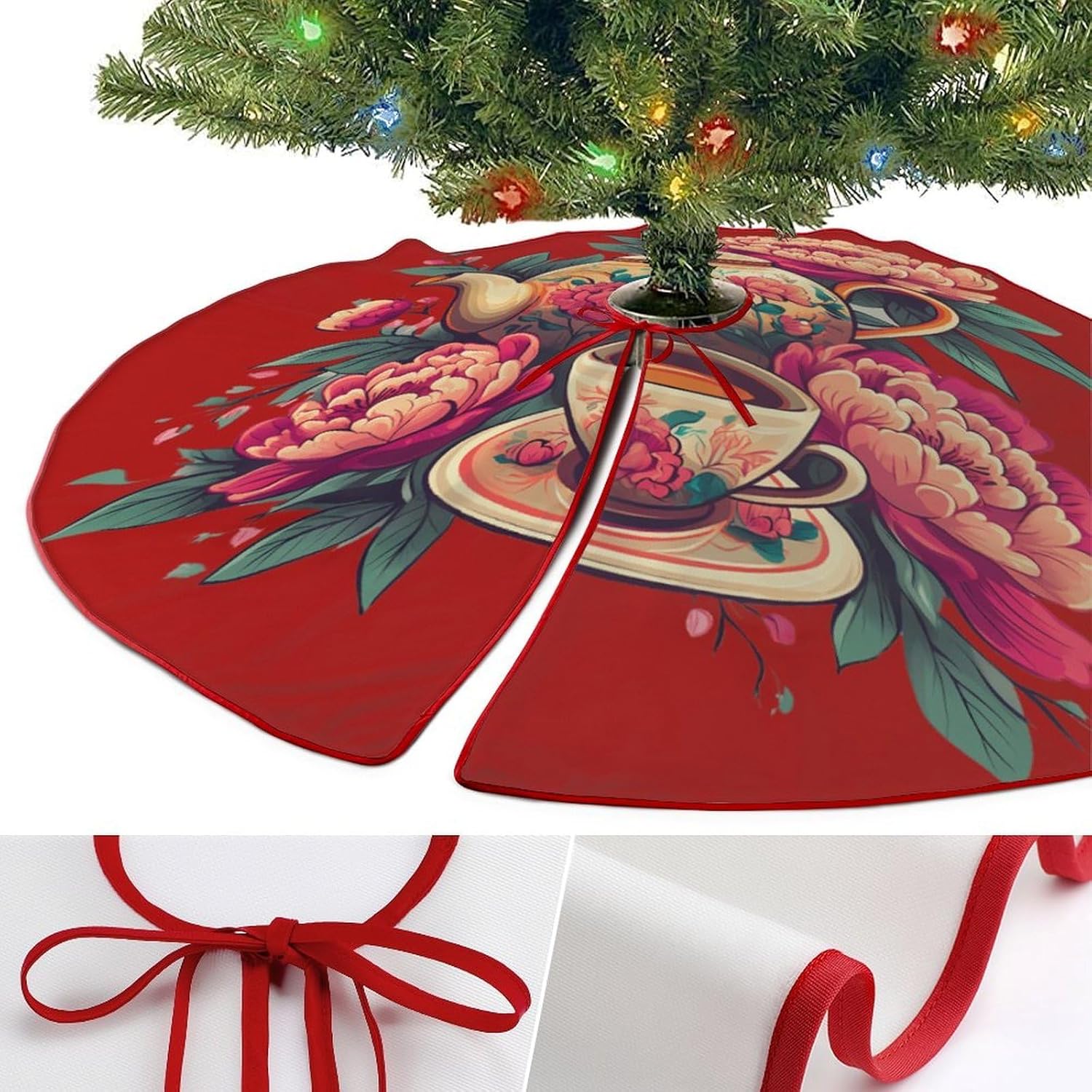 Floral Flowers Tea Cup Teapot Christmas Tree Skirt Ornaments Christmas Tree Mat for Home Party Holiday Decorations