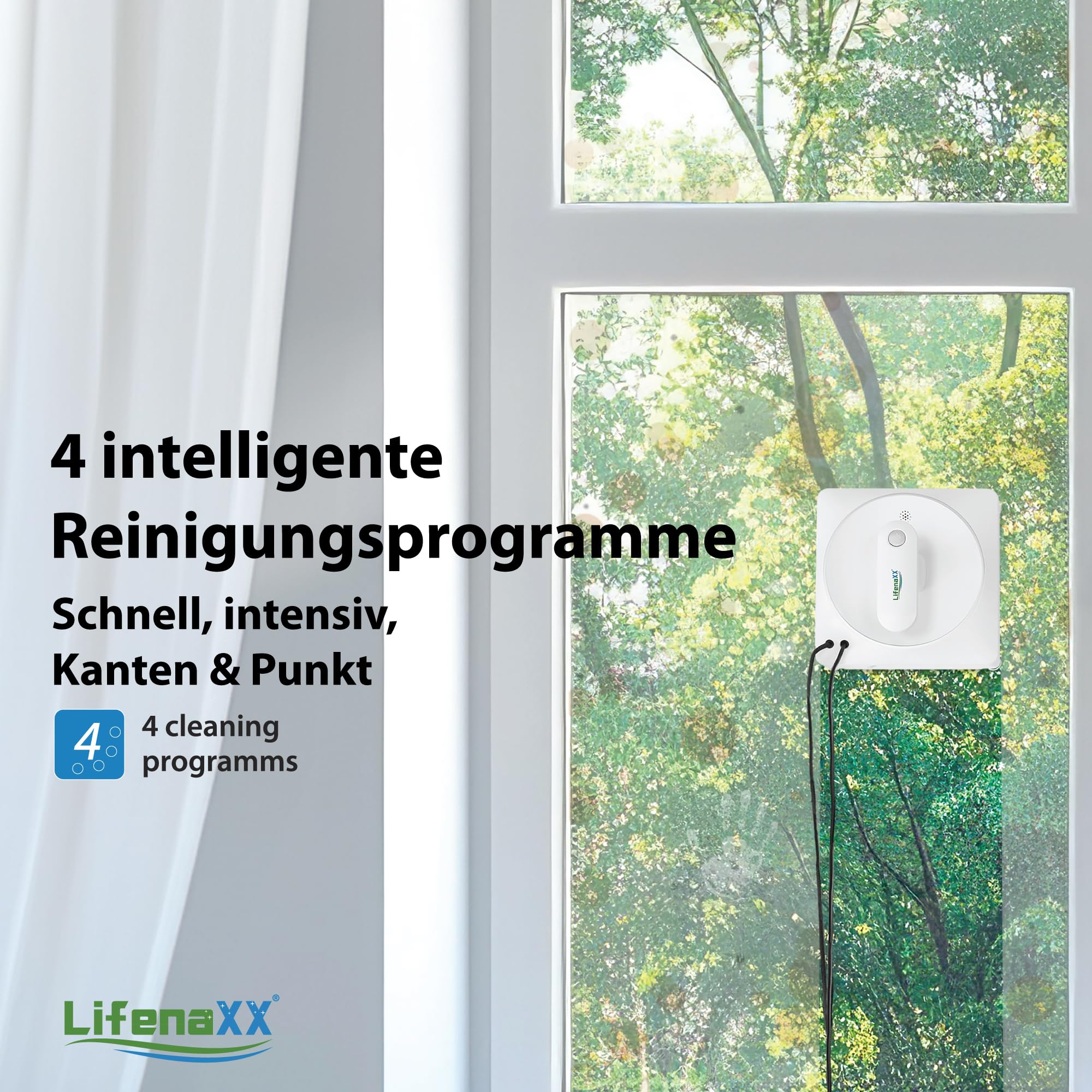 Lifenaxx Fensterreinigungsroboter LX-047, elektrischer Fensterreiniger mit 2 Sprühdüsen, hohe Saugkraft, großer 70-ml-Wassertank, Fernbedienung – ideal für Fenster, Fliesen, Spiegel
