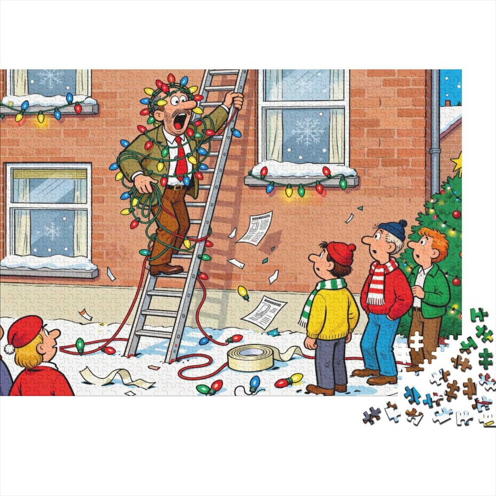 Putting Up Christmas Lights Wooden Jigsaw Puzzle Waterproof 1000 Piece Puzzles for Adults Colourful Challenging Games