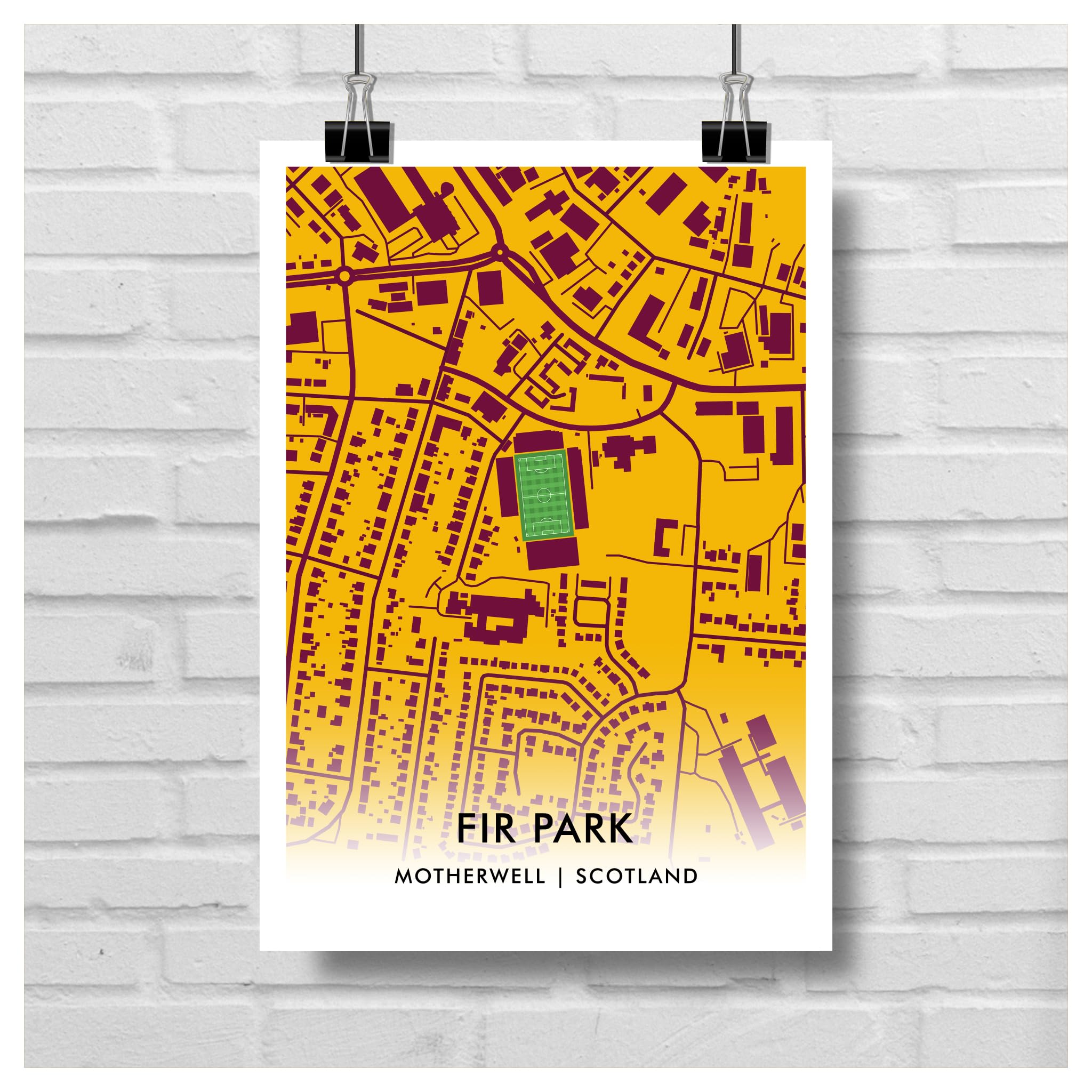 GroundDesigns MOTHERWELL FC Football Gift FIR PARK Stadium Art Map Unframed A3 Print MFC, Amber and claret, 42L x 29.7W cm - Image 2