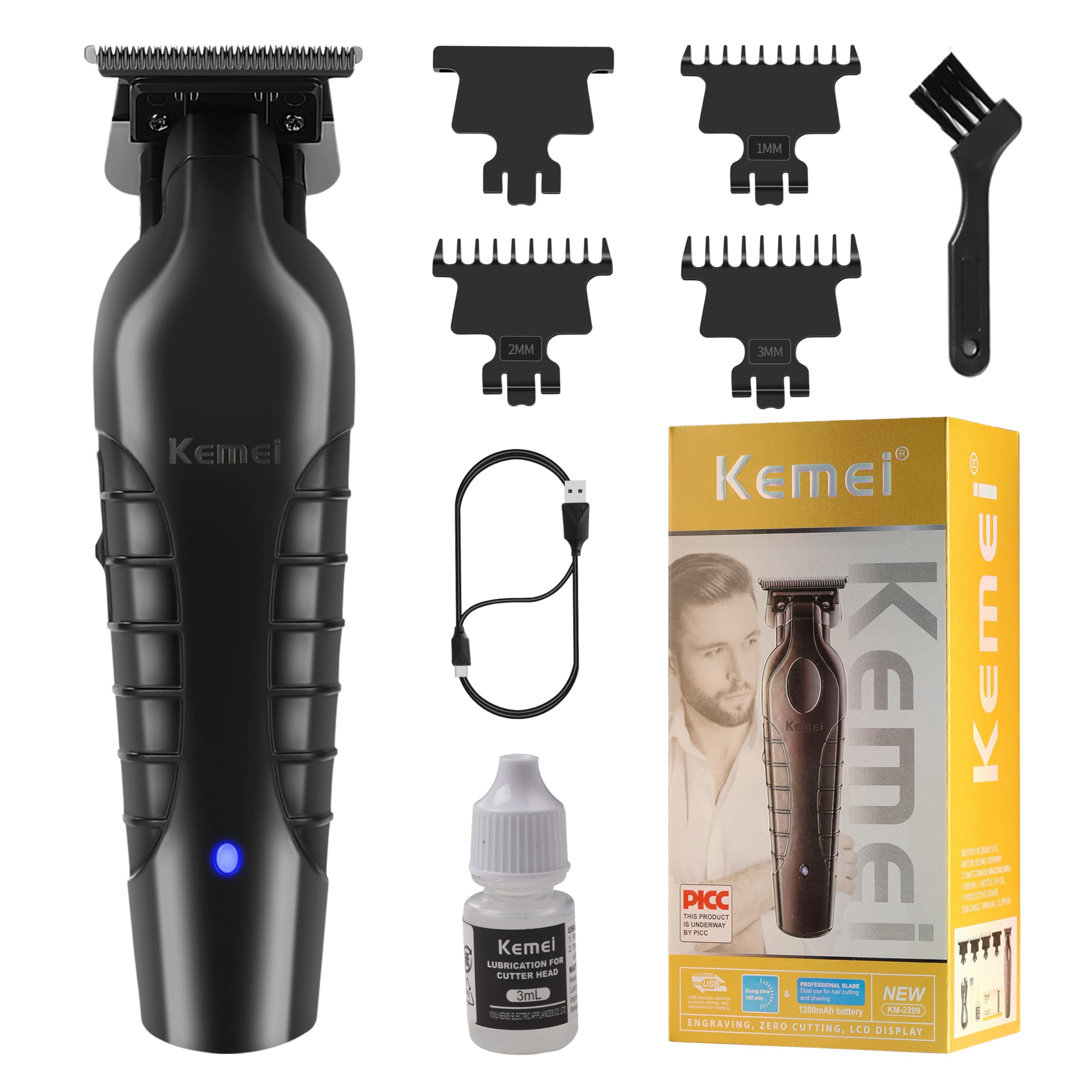 Kemei 2299 Professional Hair Trimmer for Men Electric Hair Clippers Zero Gapped T Blade Outliner Beard Trimmers Barber Hair Cuttings Kit Cordless Gift for Men