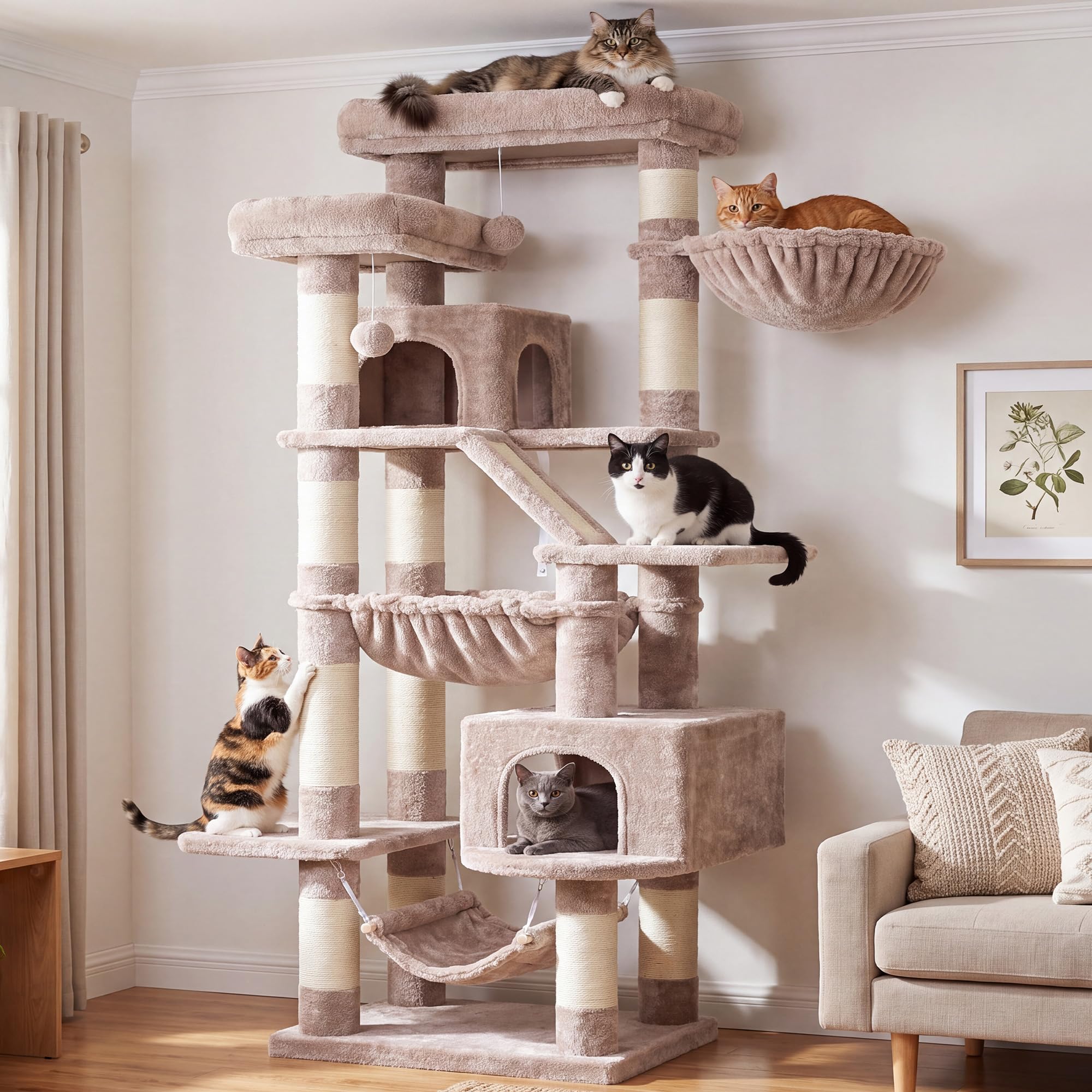 Heybly Cat Tree, 71-Inch-Tall Tower for Indoor Cats with 2 Perches HCT034MU