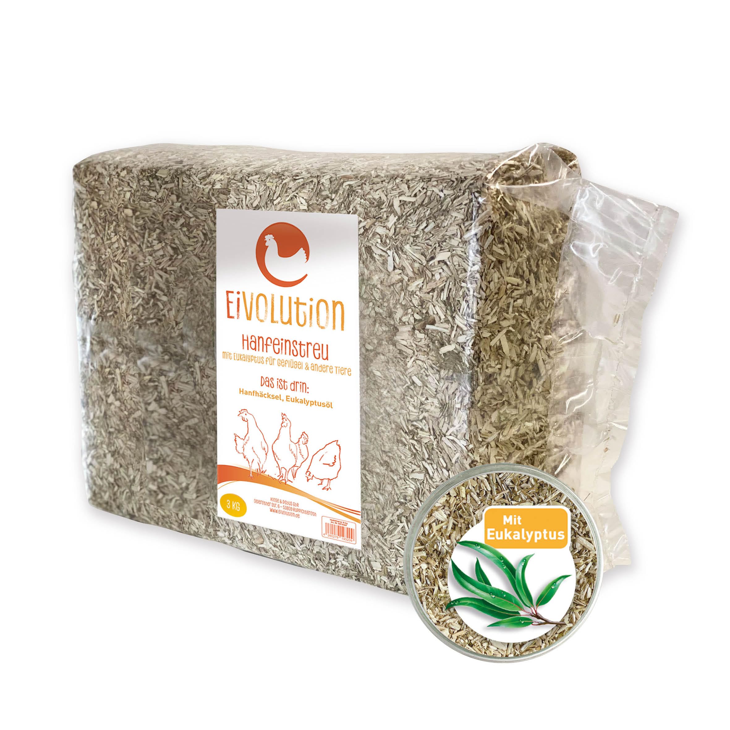 eivolution Hanfeinstreu mit Eukalyptus - 3 kg Ballen - Saugfähige, Geruchsbindende Einstreu für Hühner, Geflügel und Pferde
