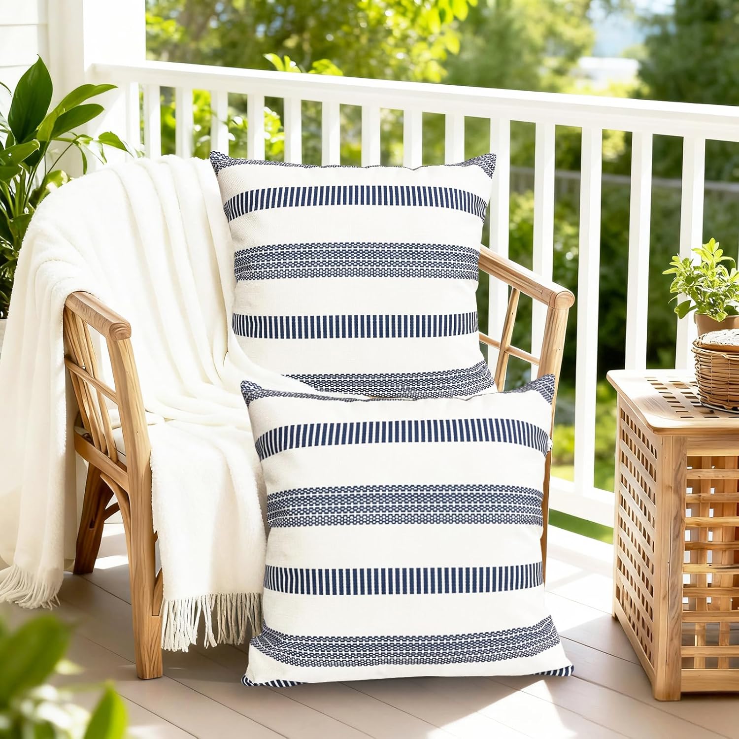 Decorative Throw Pillow Covers Set of 2 Blue Boho Striped Pillow Covers 22x22 Inch Throw Pillow Cover Linen Pillowcase Farmhouse Outdoor Pillow Covers for Couch Sofa Bed Living Room
