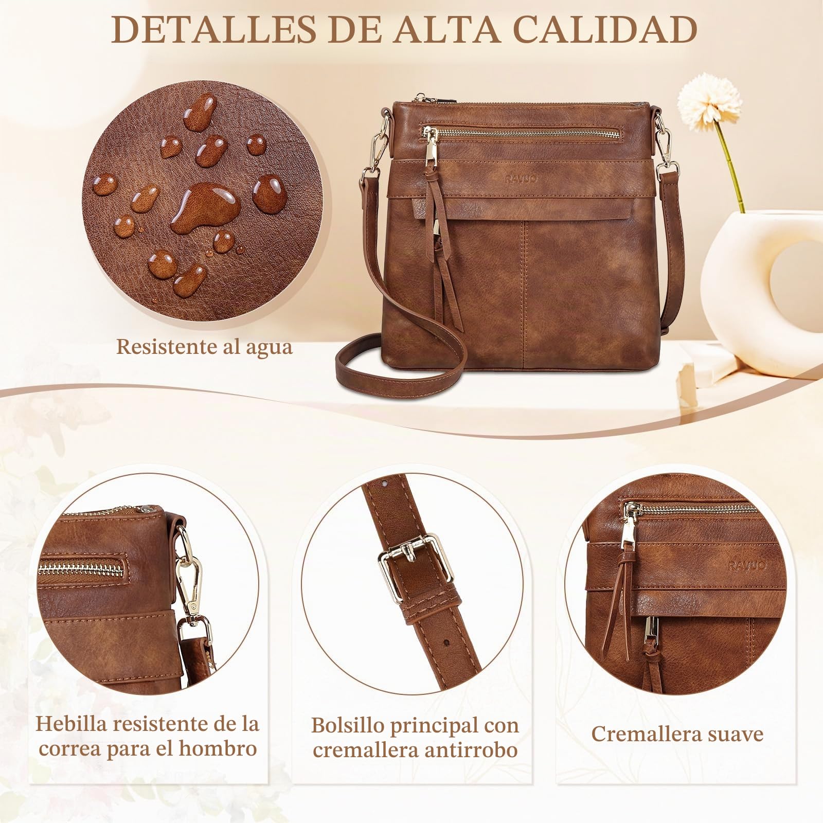 RAVUO Bolso Bandolera Mujer, Grande Bolso Cruzado de Cuero Pu Bolso Hombro Piel con 2 Correas Ajustable Crossbody Bag para Diario Viaje,Marrón