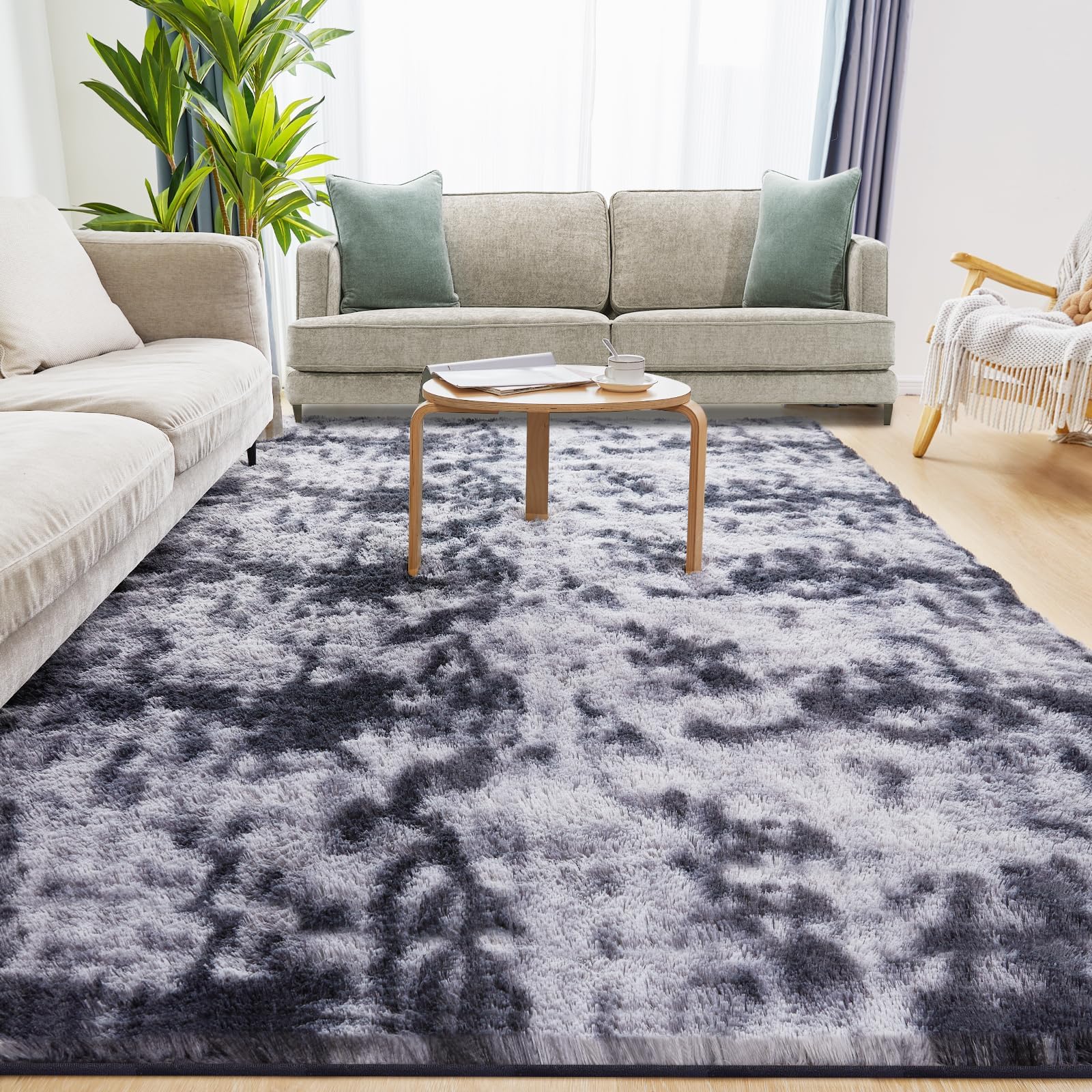 Puremy Wohnzimmer Teppich Flauschiger, Waschbar Anti-Rutsch & Hochflor Teppichen, Langflor Teppiche für Schlafzimmer & Kinderzimmer, Bettvorleger MatteTie-Dye Hellgrau, 80 * 150cm